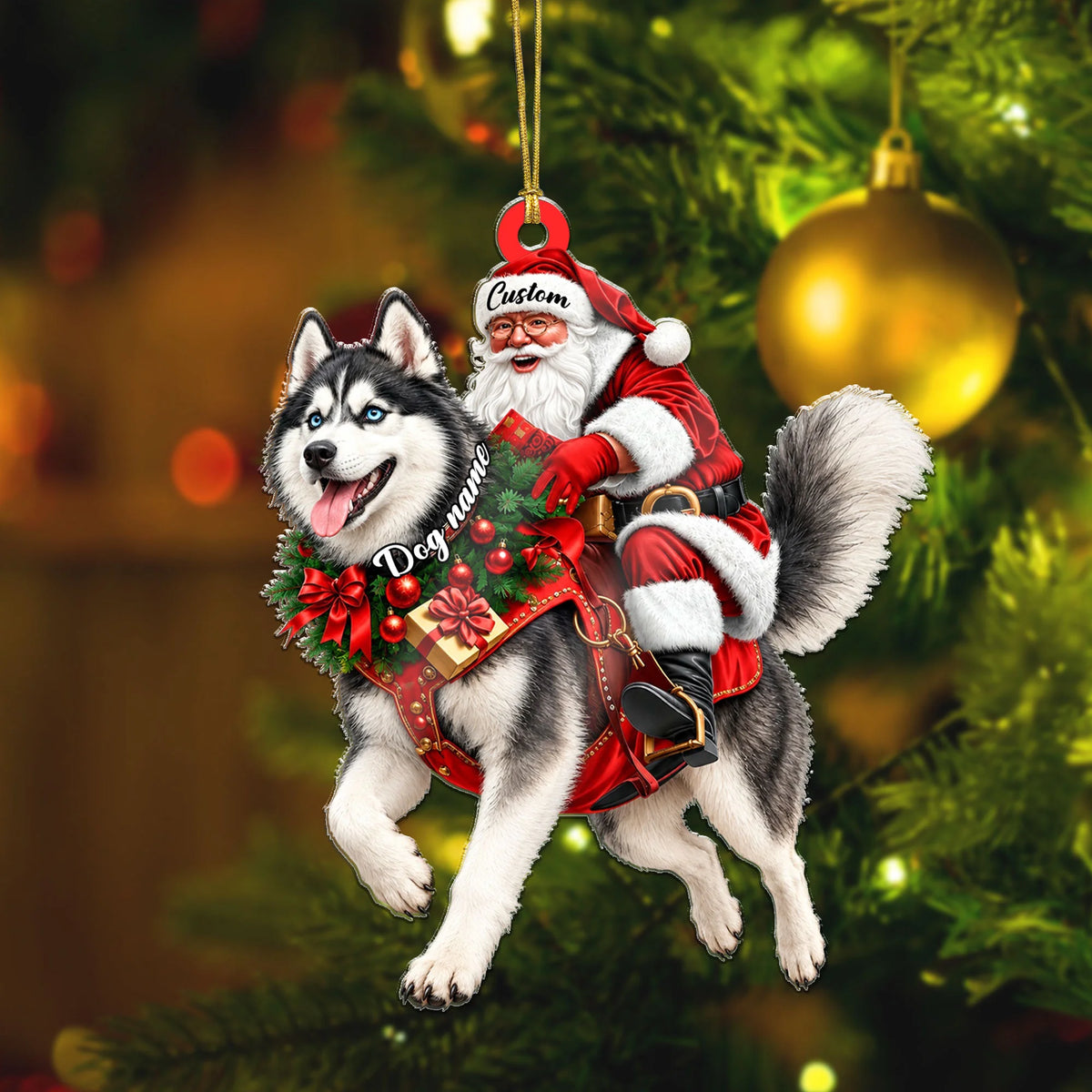 Santa Riding Husky Christmas Ornament Funny Dog Lover Holiday Gift