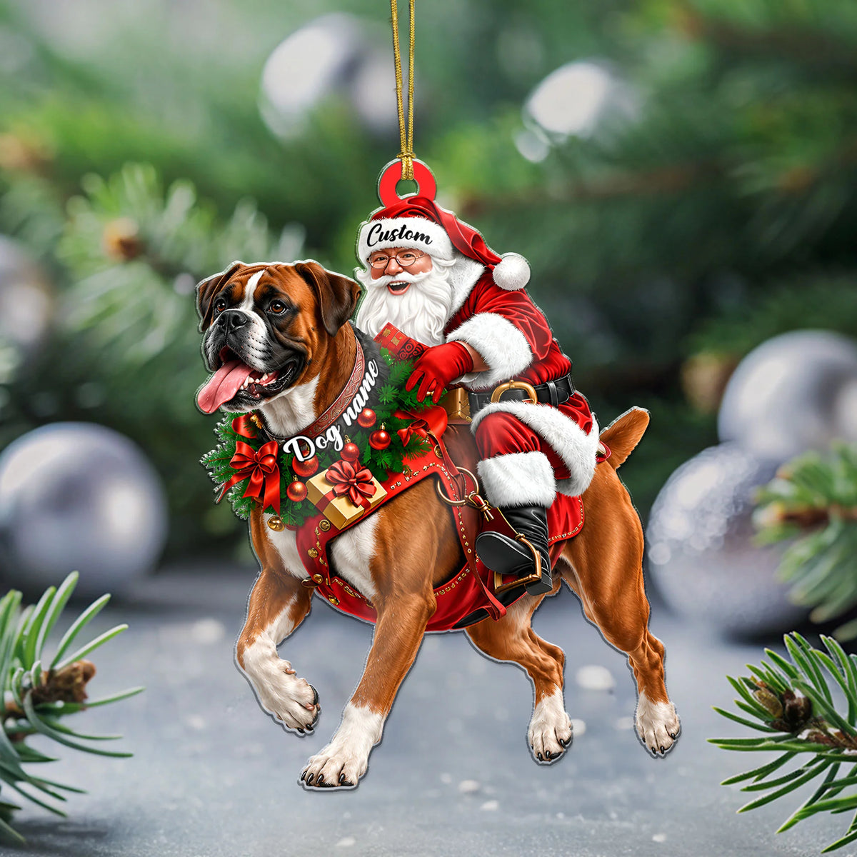 Santa Riding Boxer Christmas Ornament Funny Dog Lover Holiday Gift