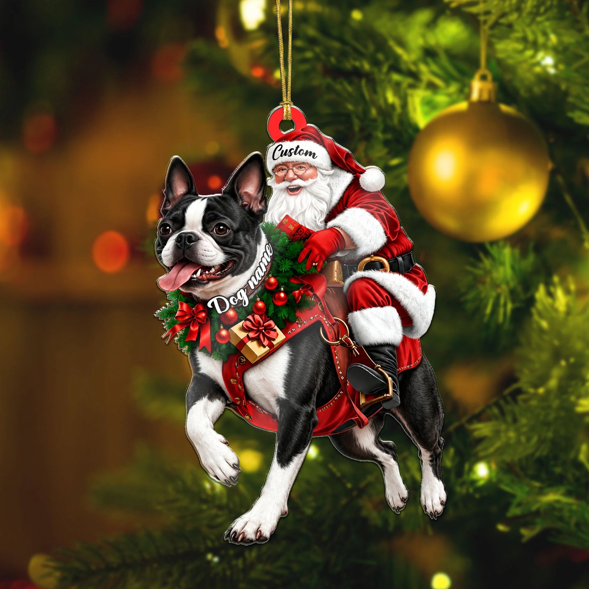 Santa Riding Boston Terrier Christmas Ornament Funny Dog Lover Holiday Gift