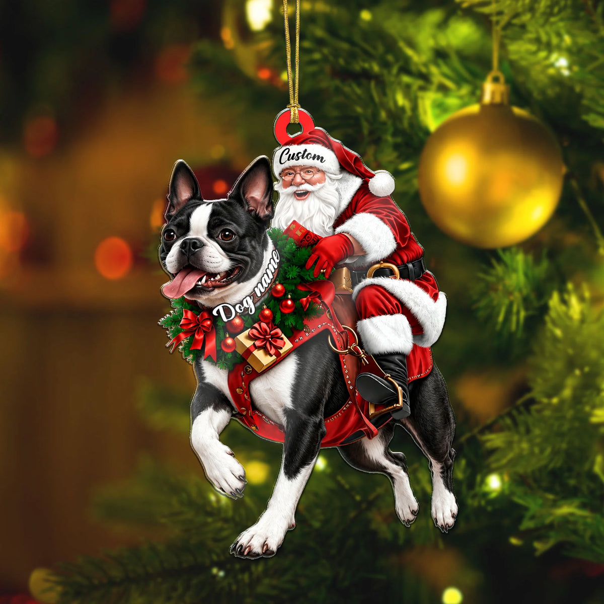 Santa Riding Boston Terrier Christmas Ornament Funny Dog Lover Holiday Gift