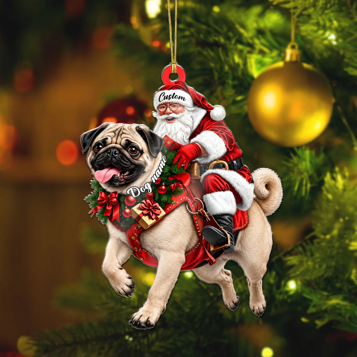 Santa Riding Pug Christmas Ornament Funny Dog Lover Holiday Gift