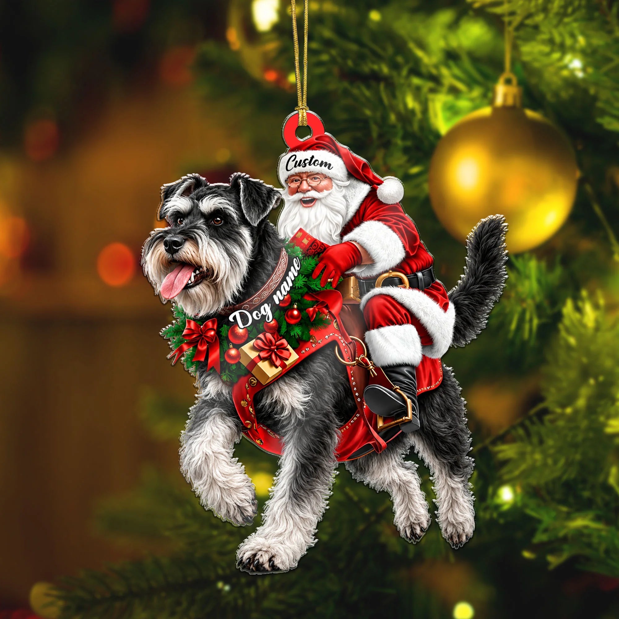 Santa Riding Miniature Schnauzer Christmas Ornament Funny Dog Lover Gift