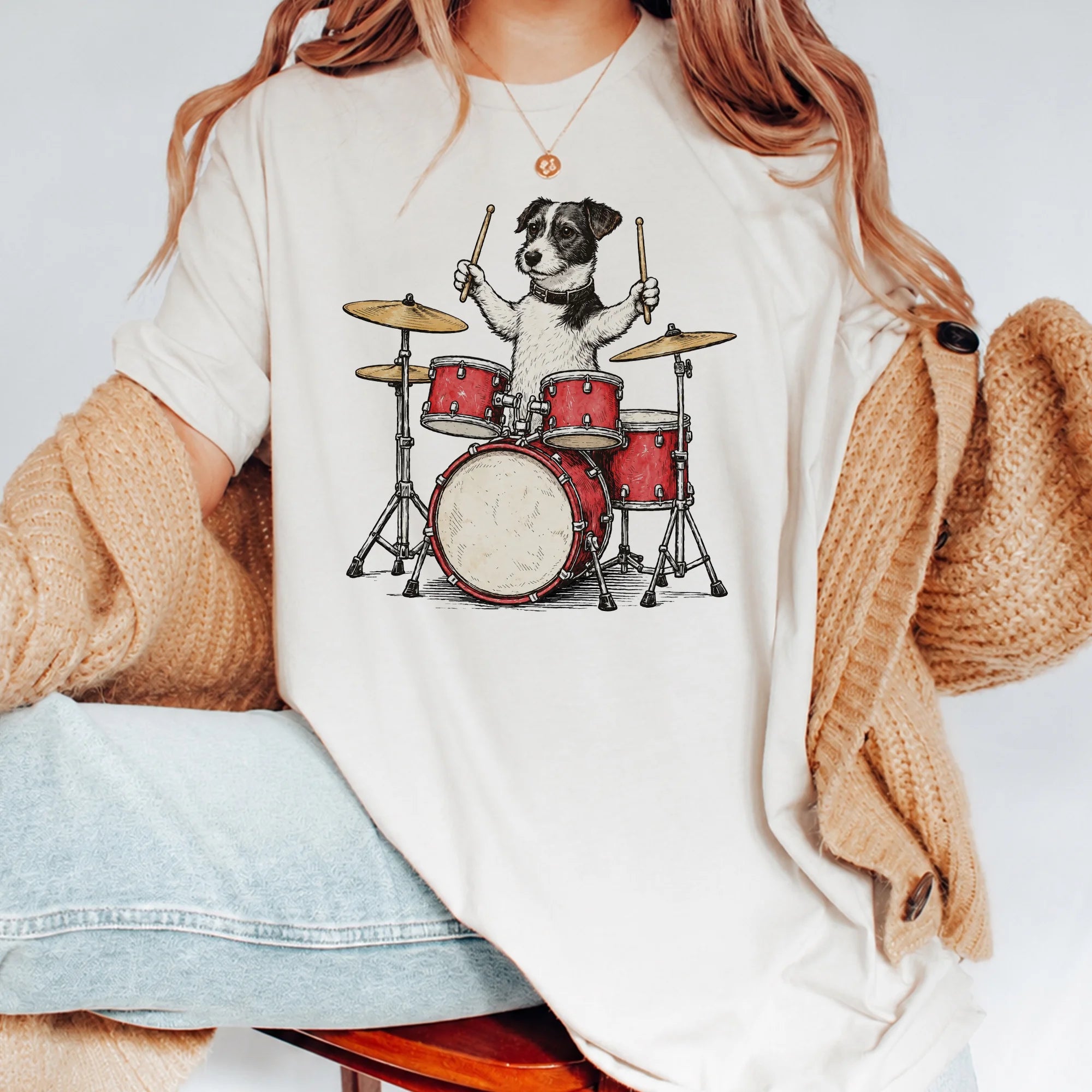 Jack Russell Terrier Retro Drummer Dog Graphic Music Band T-Shirt