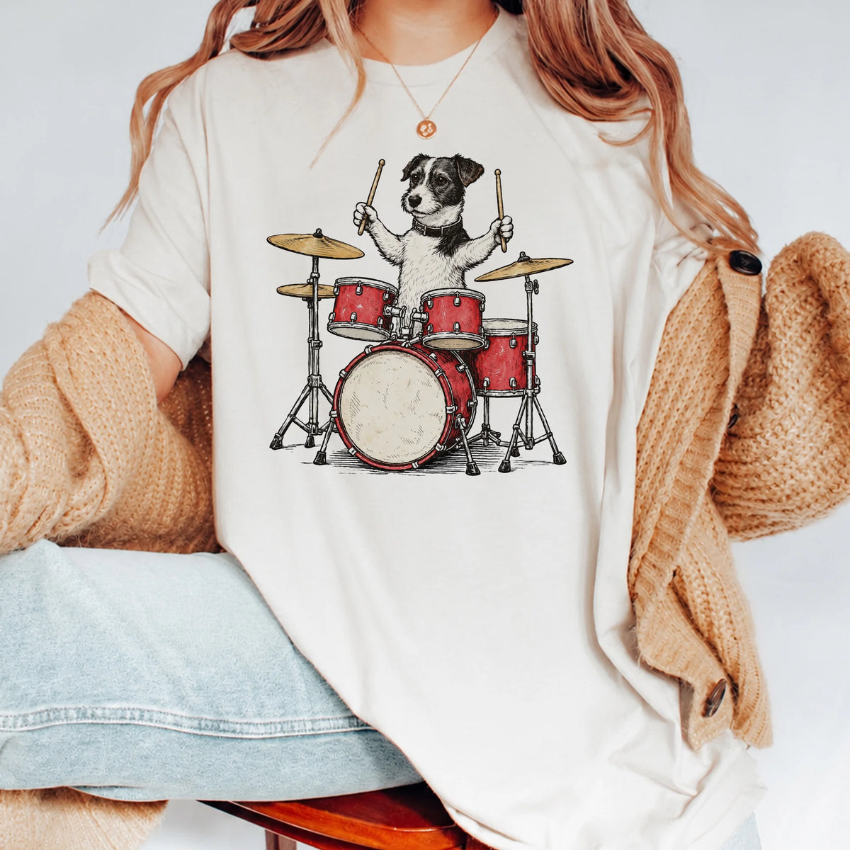 Jack Russell Terrier Retro Drummer Dog Graphic Music Band T-Shirt