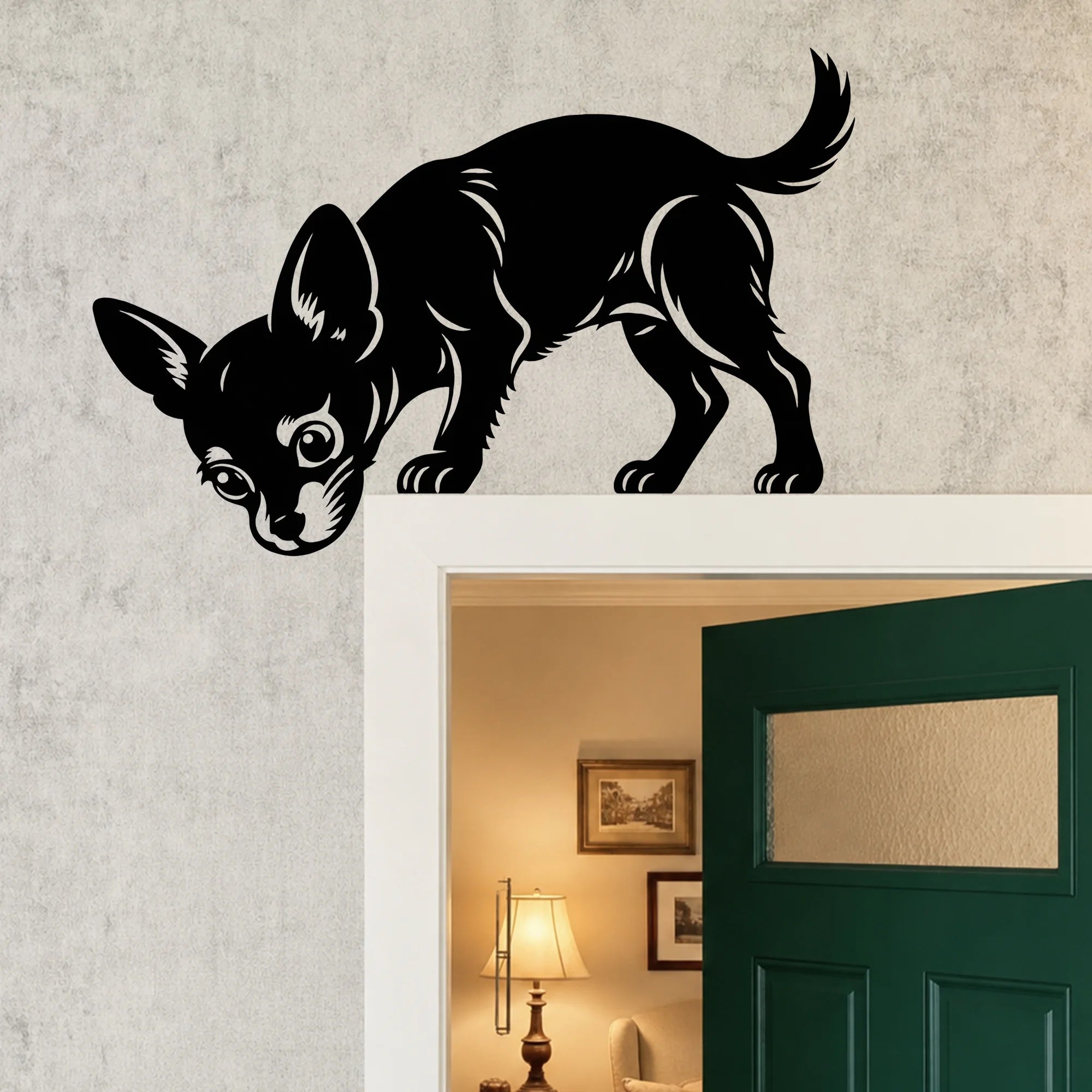 Curious Chihuahua Metal Door Topper, Decorative Accent for Door Frames
