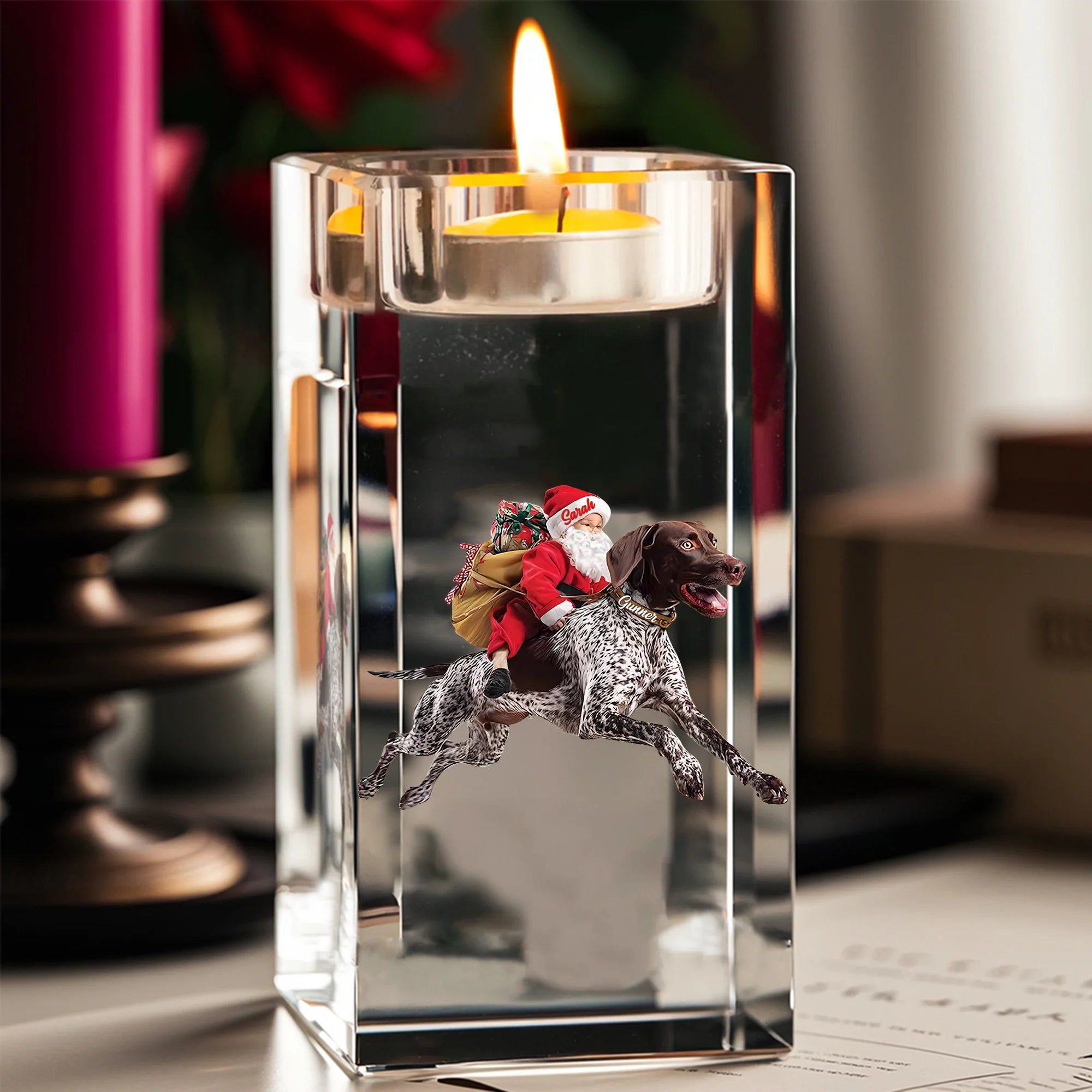 Santa Riding German Shorthaired Pointer Candle Holder Dog Christmas Gift