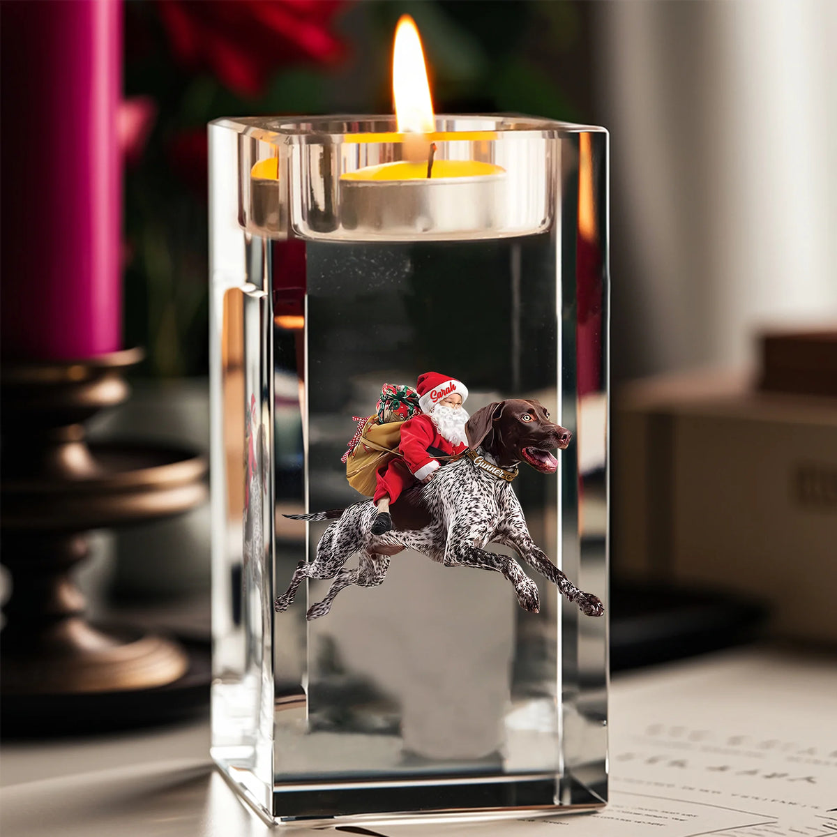 Santa Riding German Shorthaired Pointer Candle Holder Dog Christmas Gift