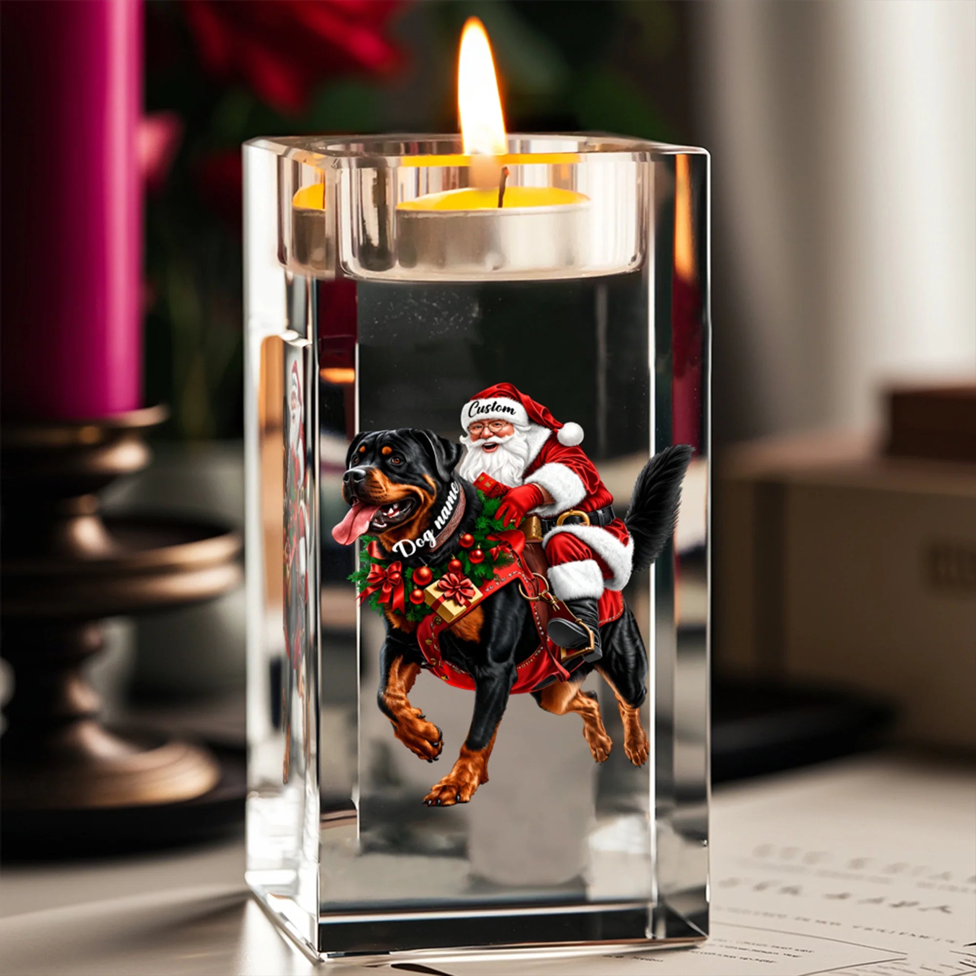 Santa Riding Rottweiler Candle Holder, Funny Dog Lover Christmas Decor, Holiday Gift