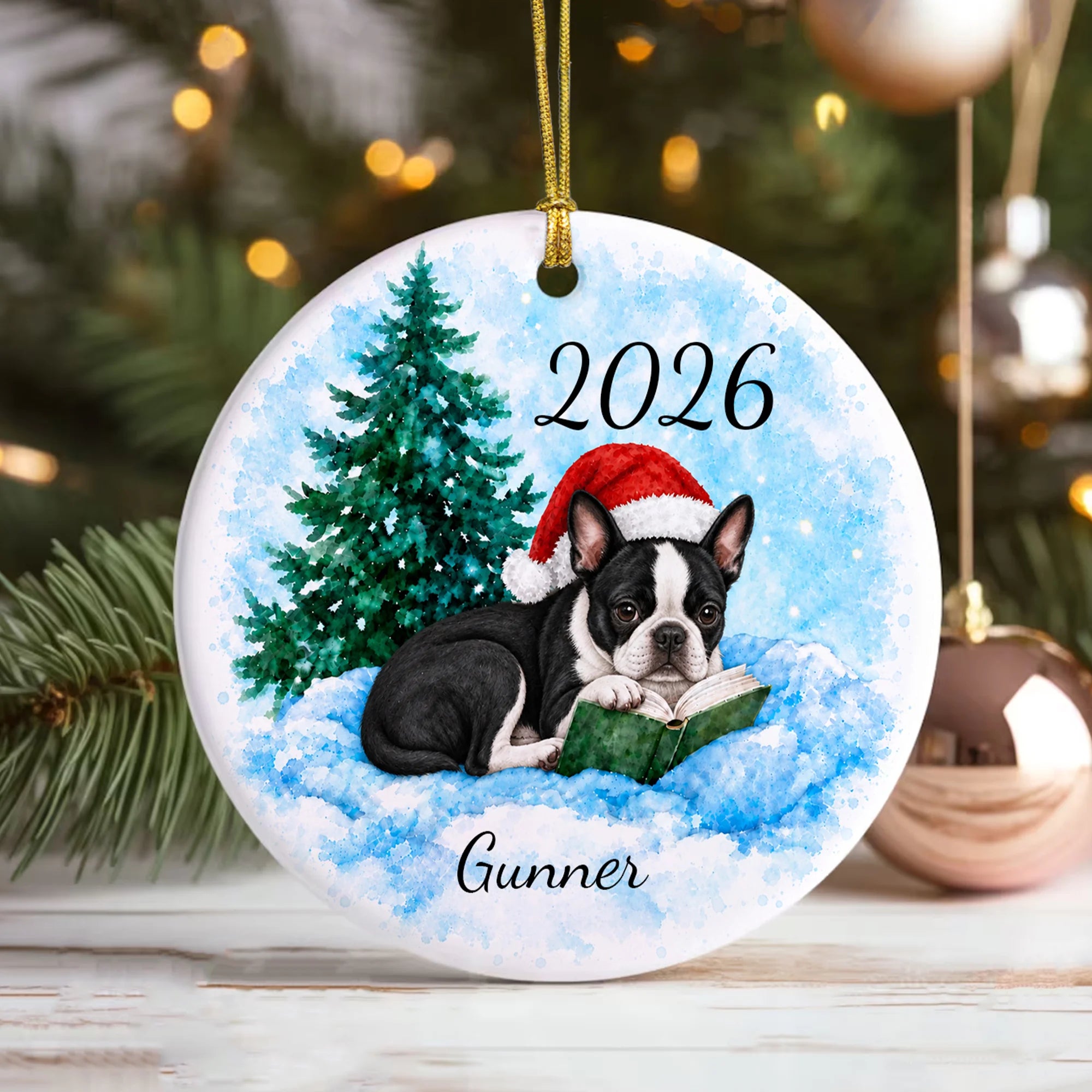 Boston Terrier Christmas Ornament Custom Name 2026 Book Lover