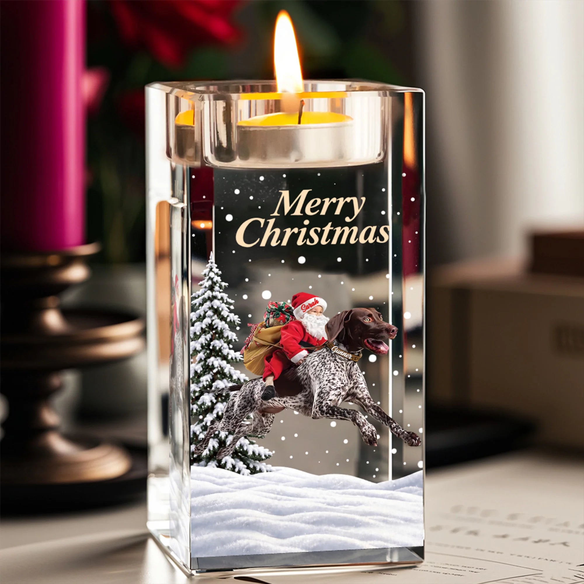 Santa Riding German Shorthaired Pointer Candle Holder Dog Christmas Gift