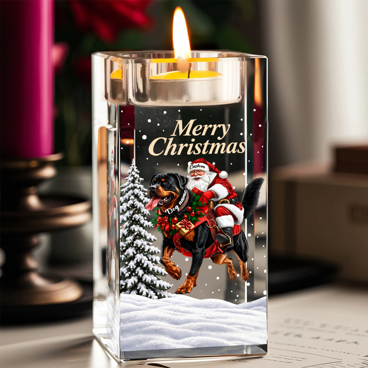 Santa Riding Rottweiler Candle Holder, Funny Dog Lover Christmas Decor, Holiday Gift