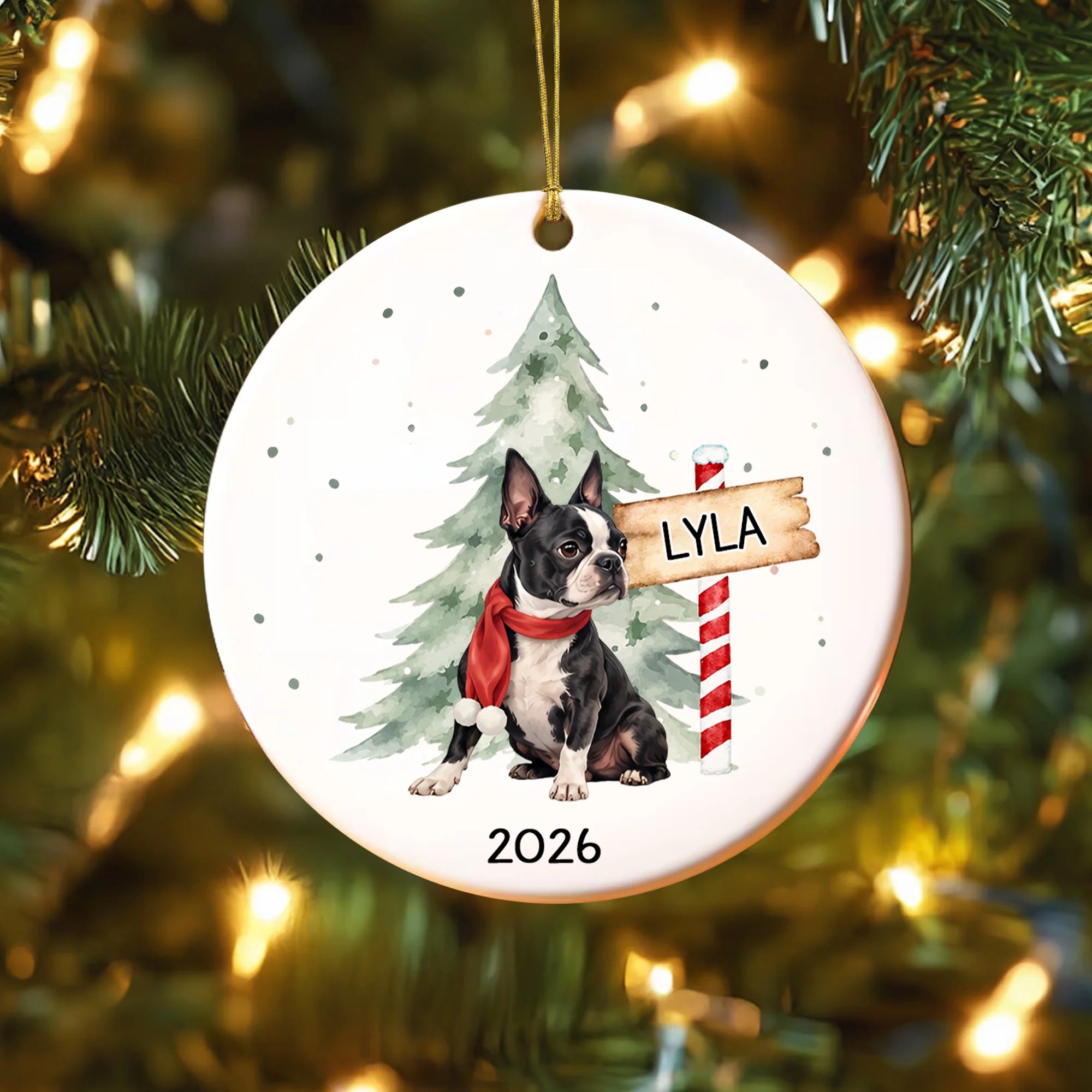 Custom Boston Terrier Christmas Ornament, Watercolor Dog Keepsake Gift