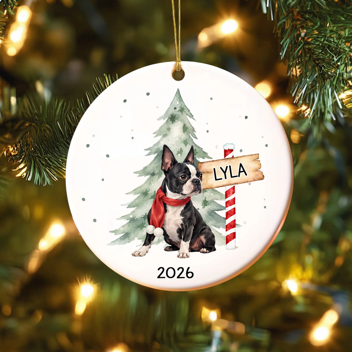 Custom Boston Terrier Christmas Ornament, Watercolor Dog Keepsake Gift