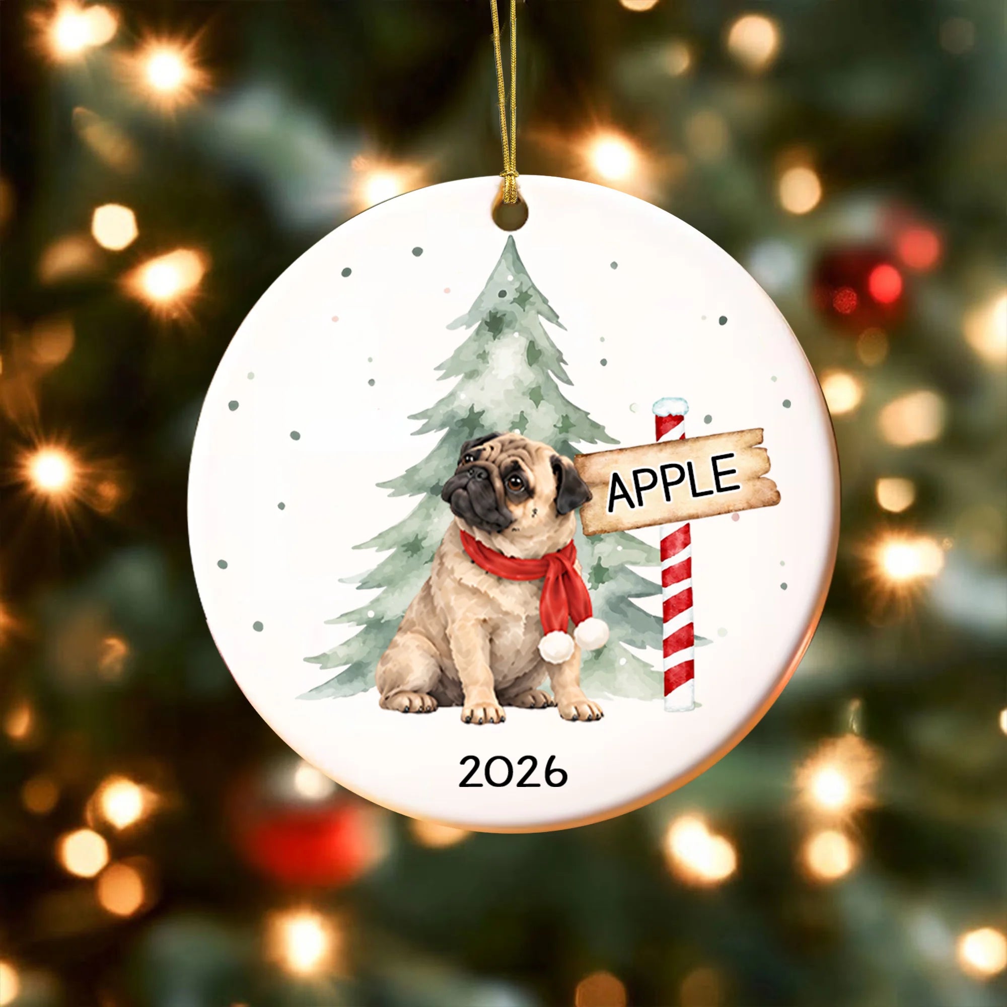 Watercolor Pug Christmas Ornament, Custom Dog Lover Keepsake Gift