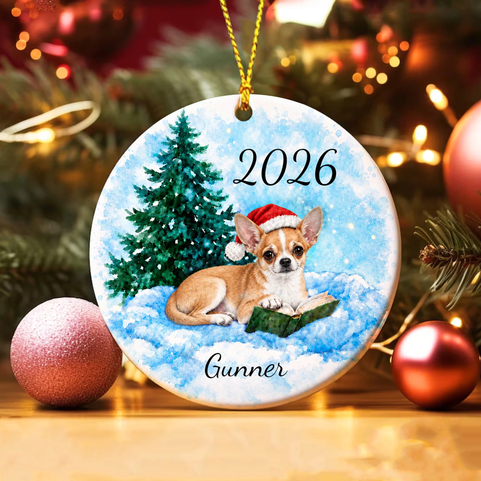 Chihuahua Christmas Ornament, Custom Name 2026 Book Lover