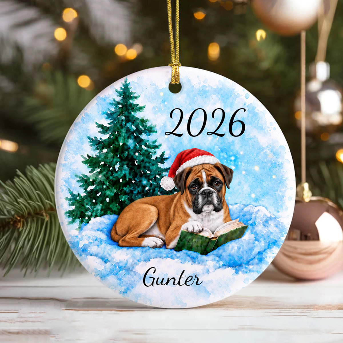 Boxer Christmas Ornament, Custom Name 2026 Book Lover