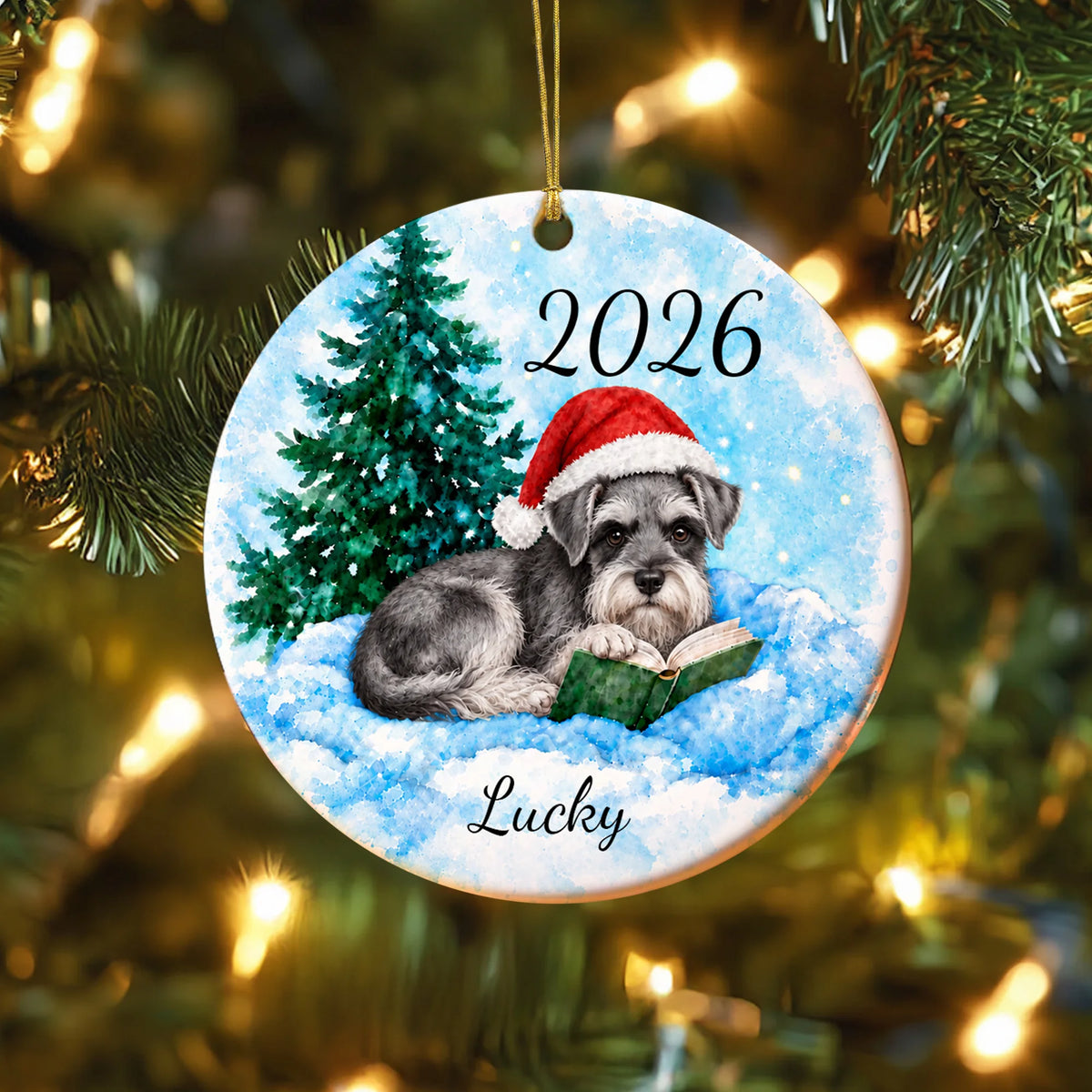 Miniature Schnauzer Christmas Ornament, Custom Name 2026 Book Lover