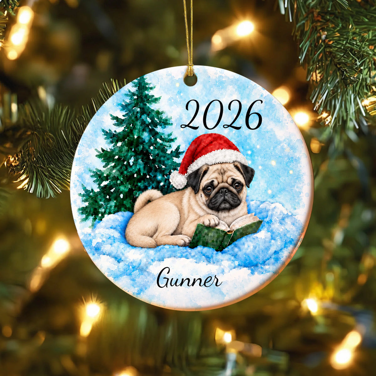 Pug Christmas Ornament, Custom Name 2026 Book Lover