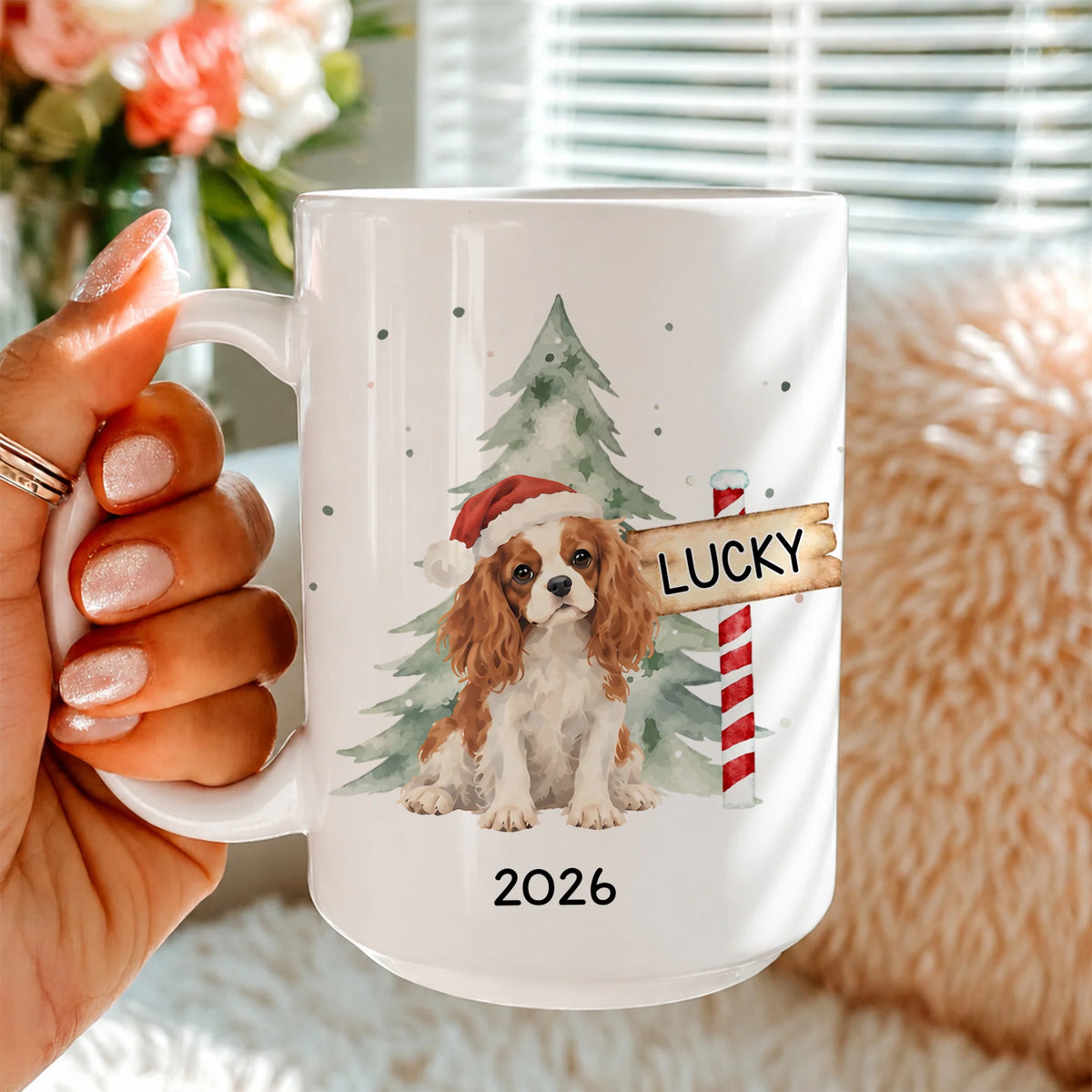 Custom Cavalier King Christmas Mug, Watercolor Dog Keepsake Gift