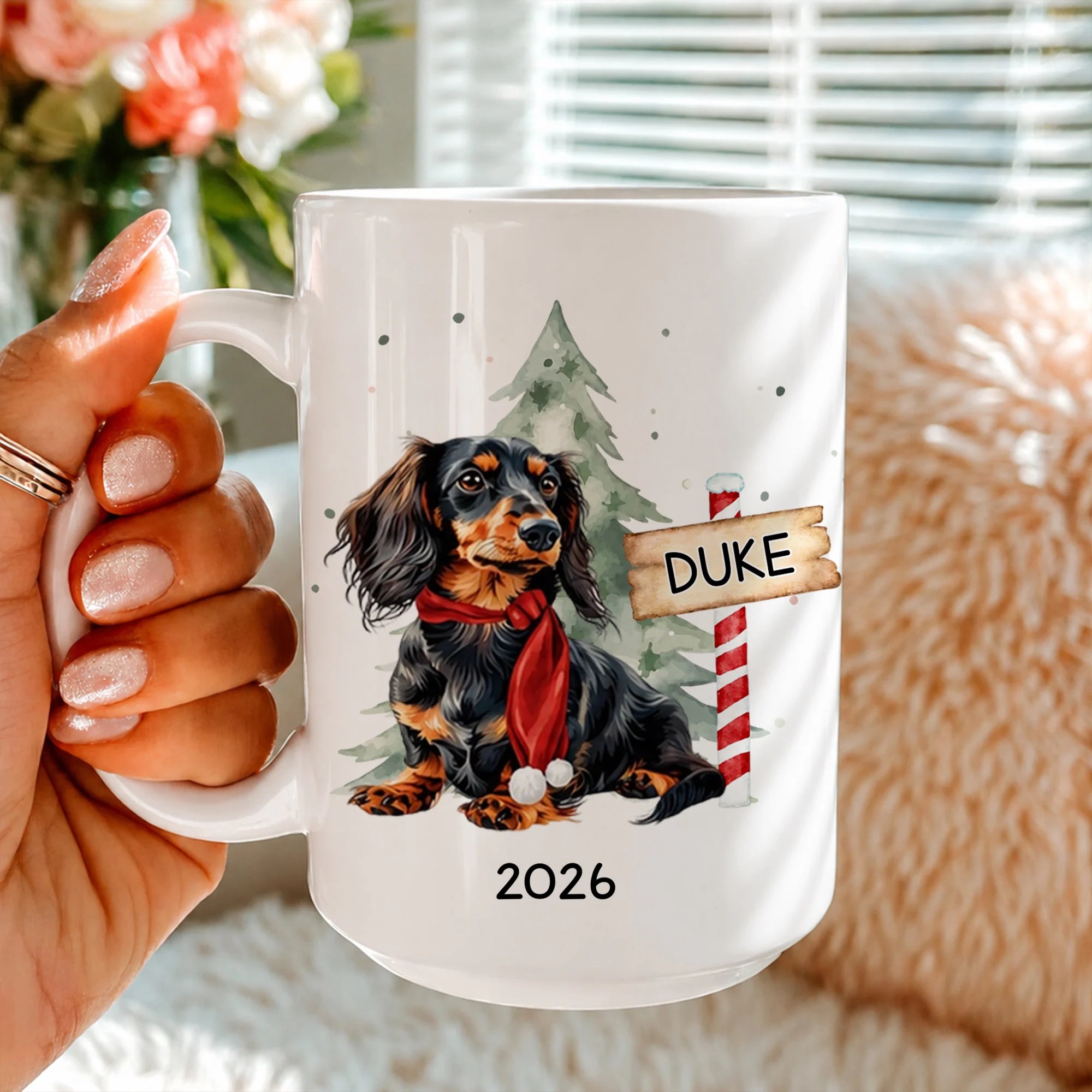 Custom Dachshund Christmas Mug, Watercolor Wiener Dog Keepsake Gift