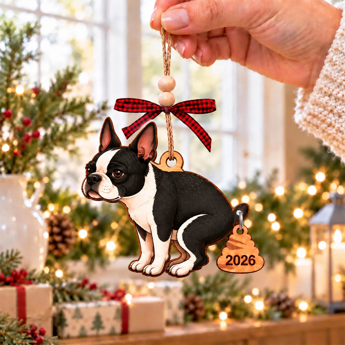 Boston Terrier Pooping Dog Christmas Ornament for 2026
