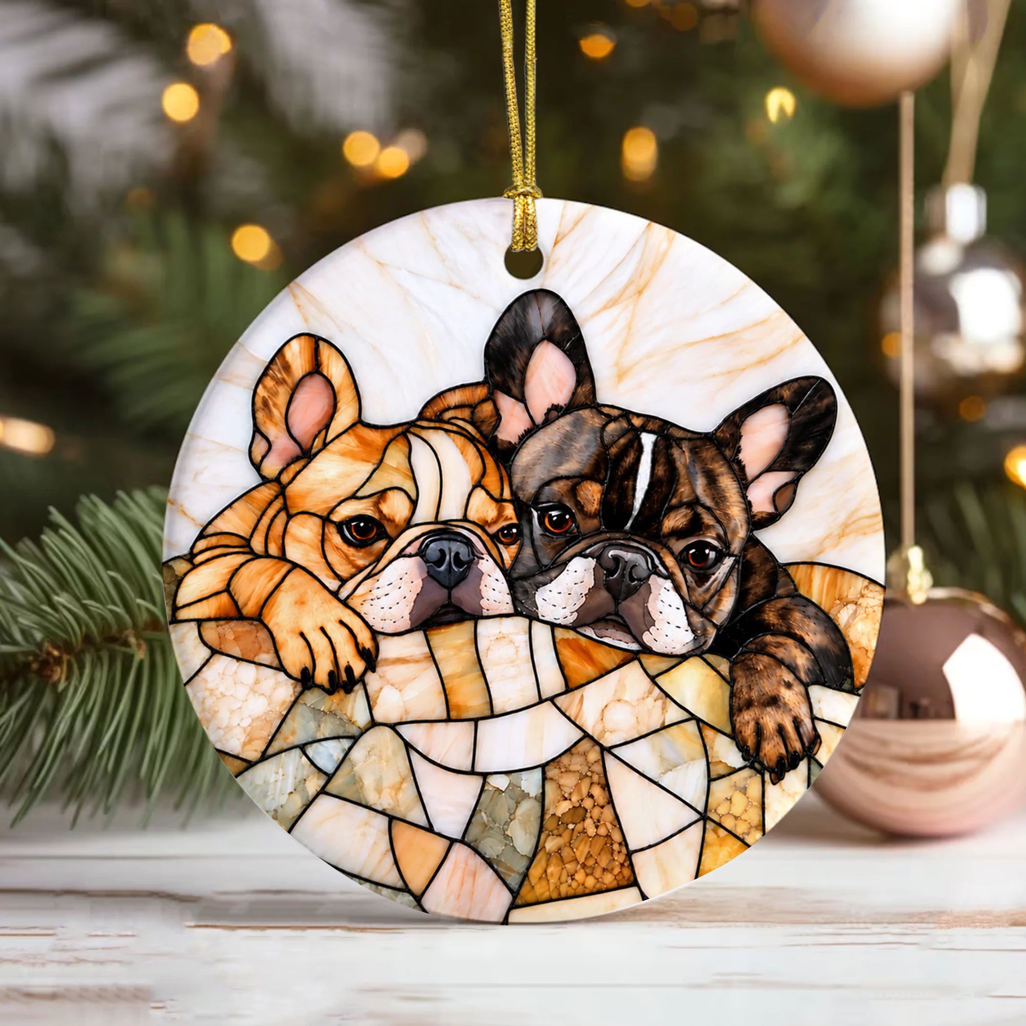 French Bulldog Christmas Ornament, Round Ceramic Dog Lover Holiday Gift