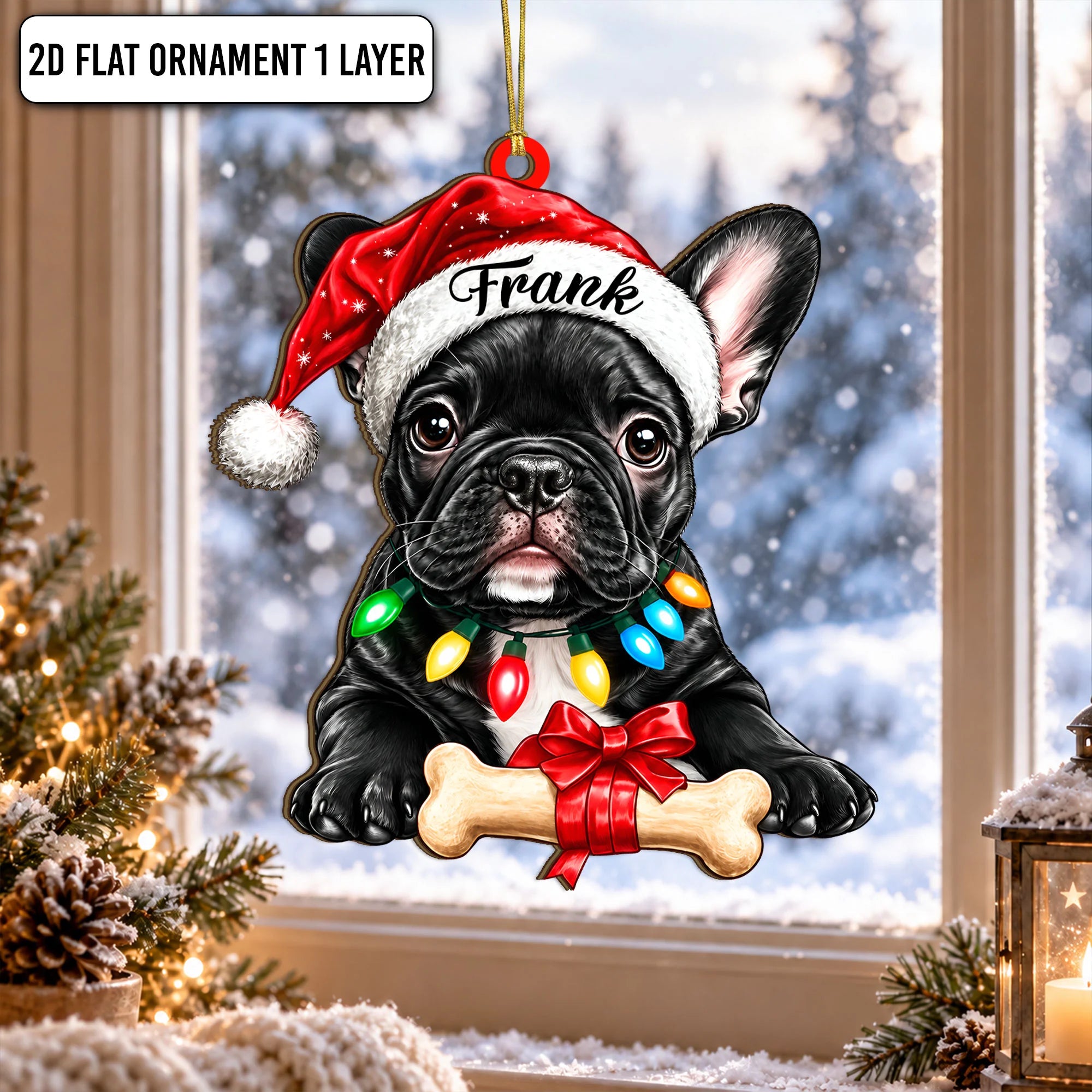 Custom Name French Bulldog Santa Hat Bone Christmas 2D Ornament