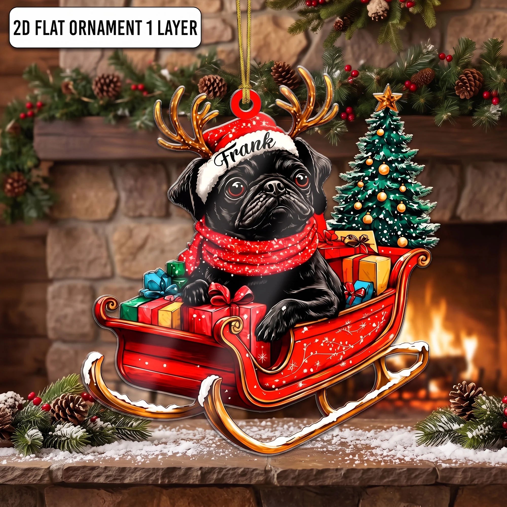 Custom Name Black Pug Santa Sleigh Christmas Flat 2D Ornament
