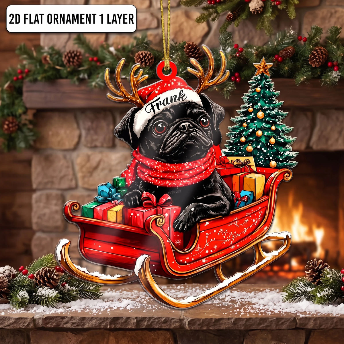 Custom Name Black Pug Santa Sleigh Christmas Flat 2D Ornament