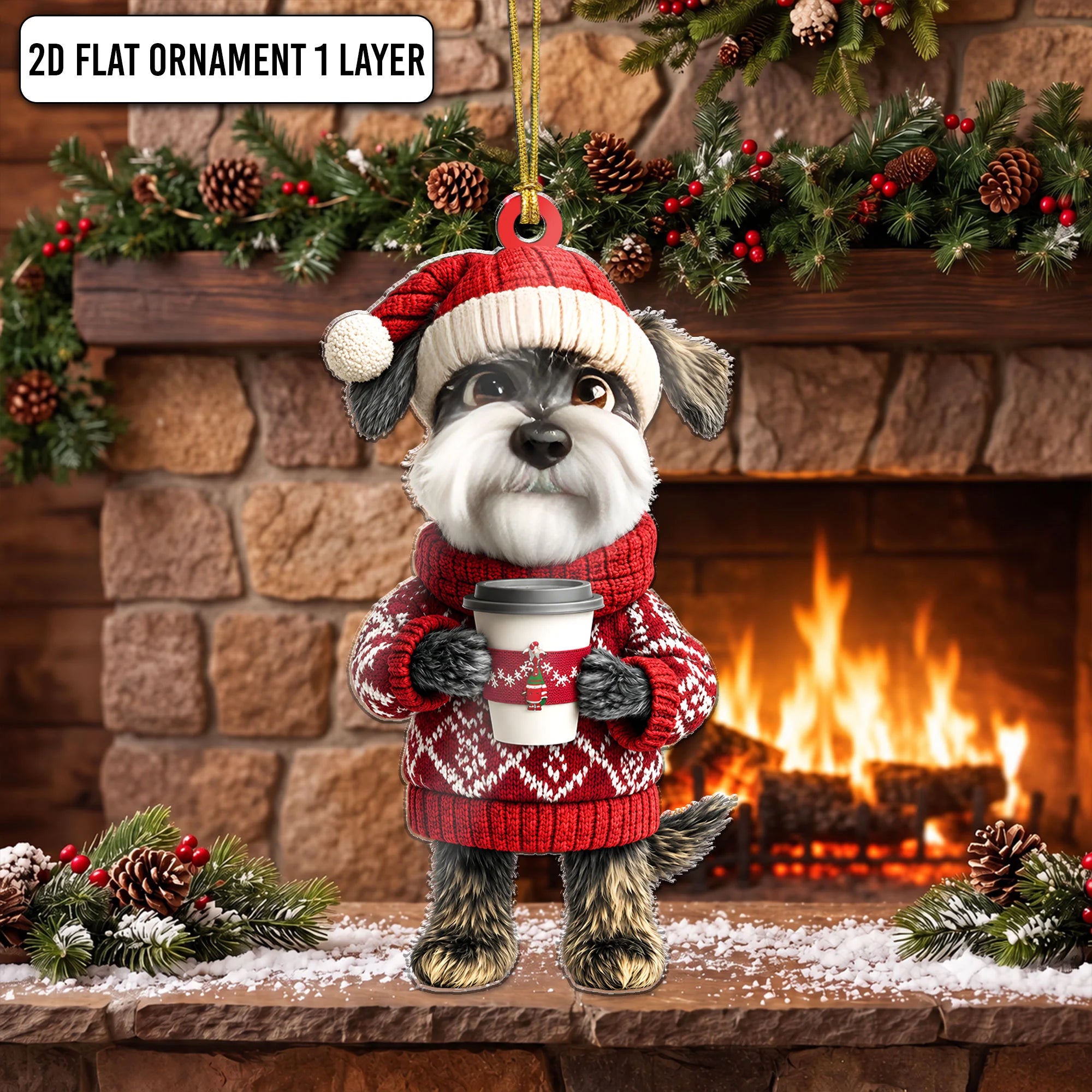 Funny Miniature Schnauzer Bicycle Christmas Flat 2D Dog Ornament
