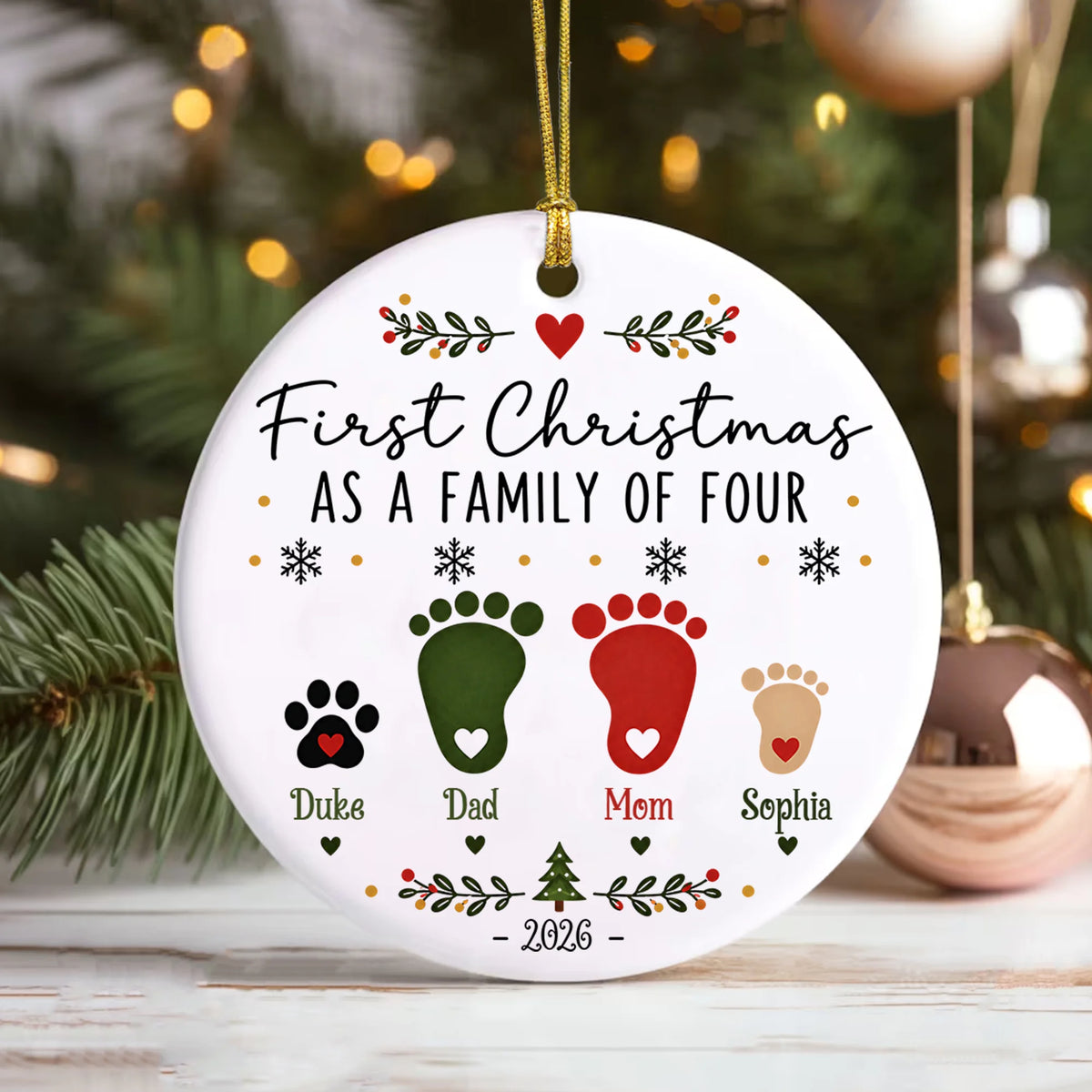 First Christmas Family Four Pet Baby Footprints Ceramic Ornament 2026