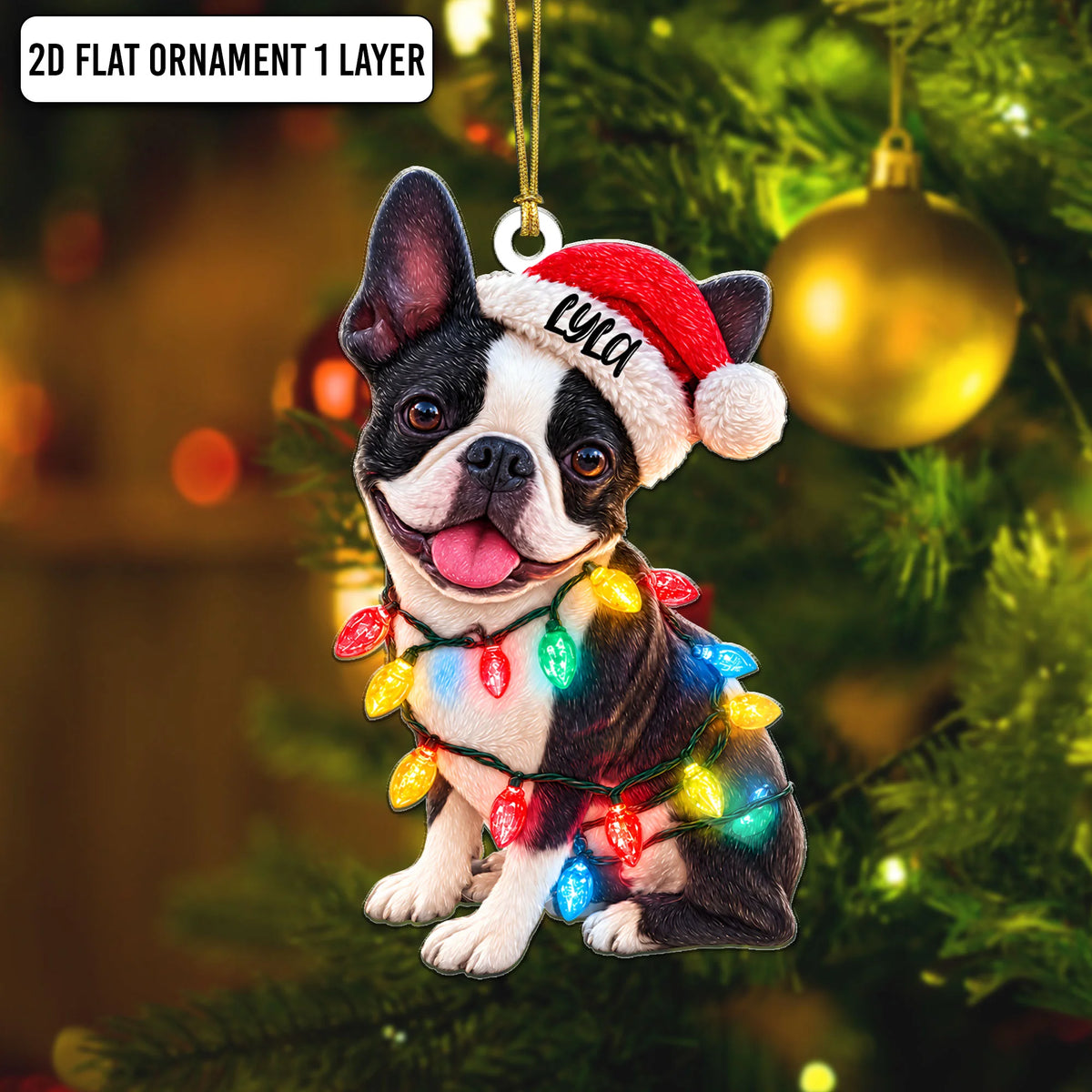 Custom Boston Terrier Plywood Ornament, Flat 2D Christmas Dog Gift