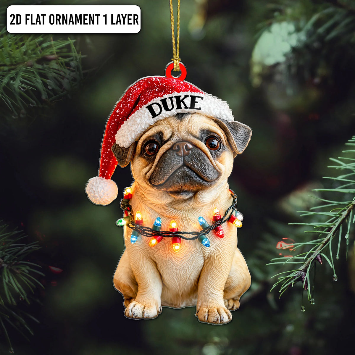 Custom Name Pug Flat Ornament, First Christmas Puppy Keepsake Gift