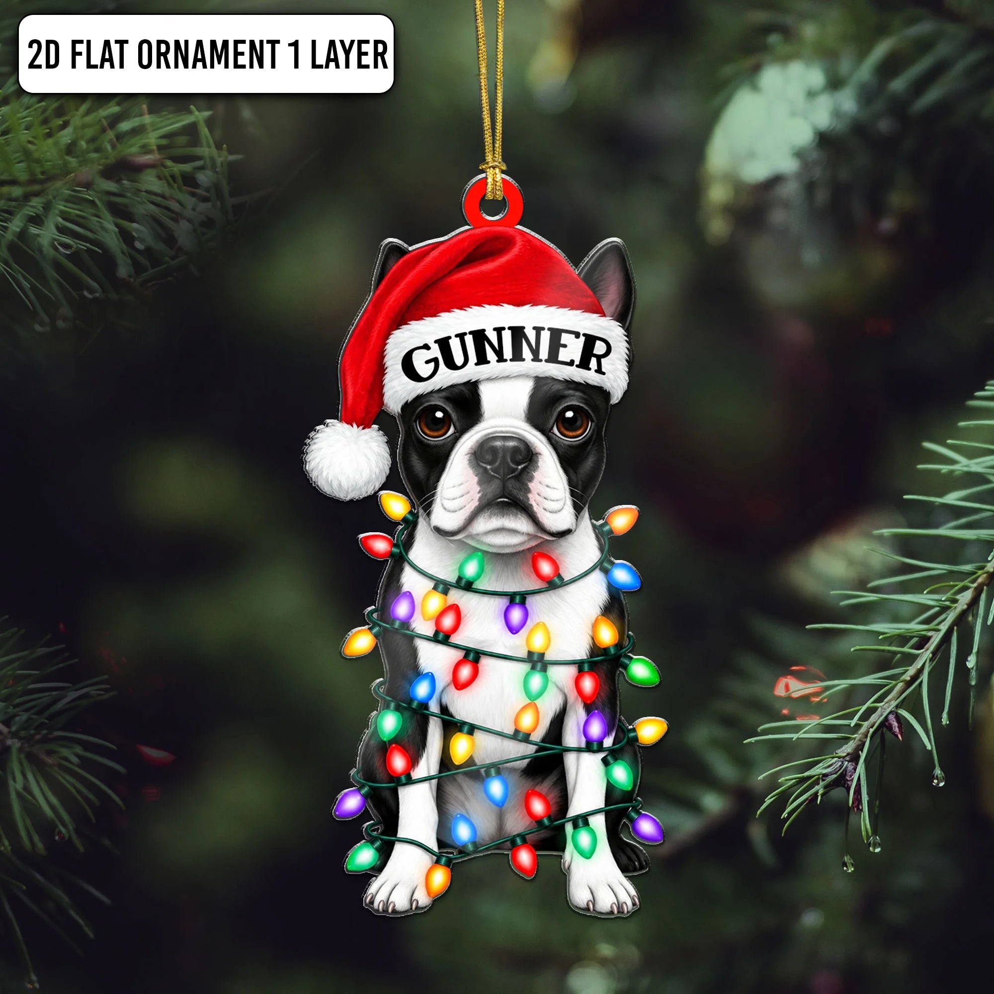 Custom Boston Terrier Santa Hat Ornament, Custom Name Christmas Decor