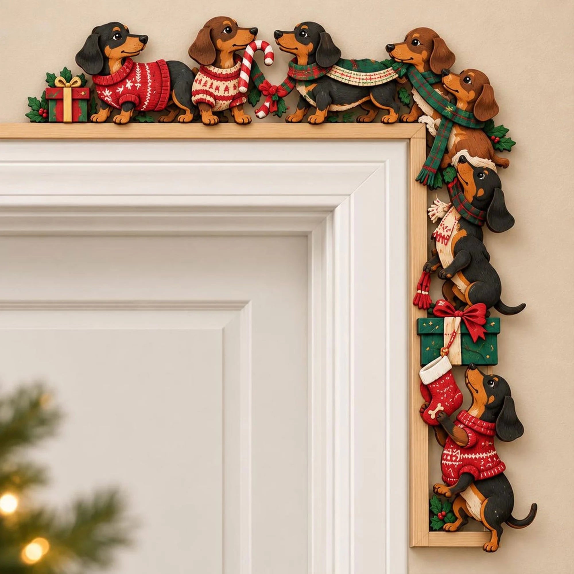 Dachshund Christmas Door Topper, Festive Wiener Dog Door Frame Decor