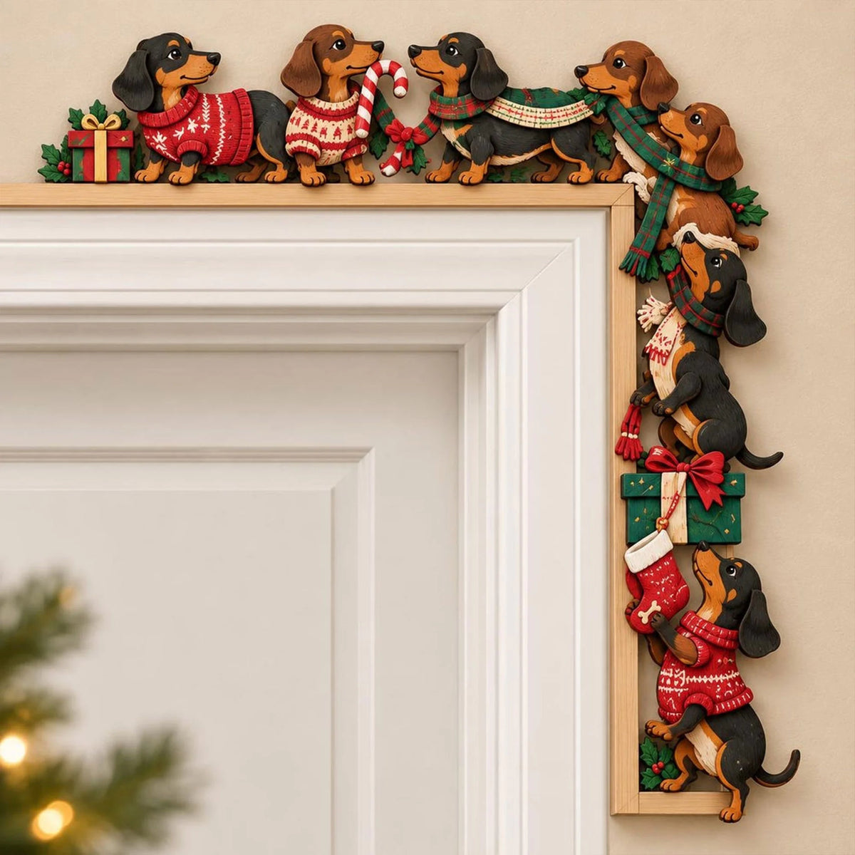 Dachshund Christmas Door Topper, Festive Wiener Dog Door Frame Decor