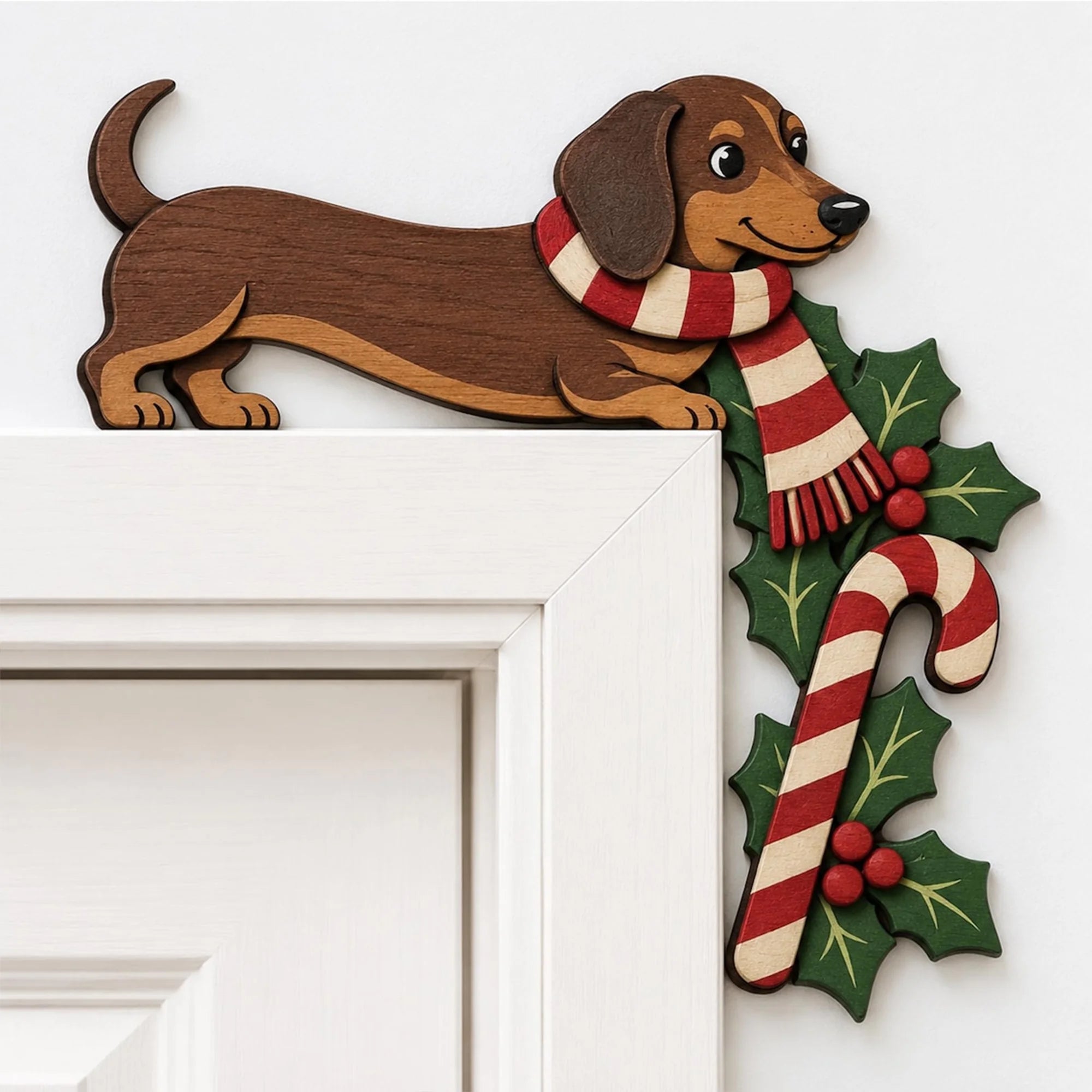 Christmas Dachshund Wooden Door Topper, Layered Wiener Dog Corner Decor