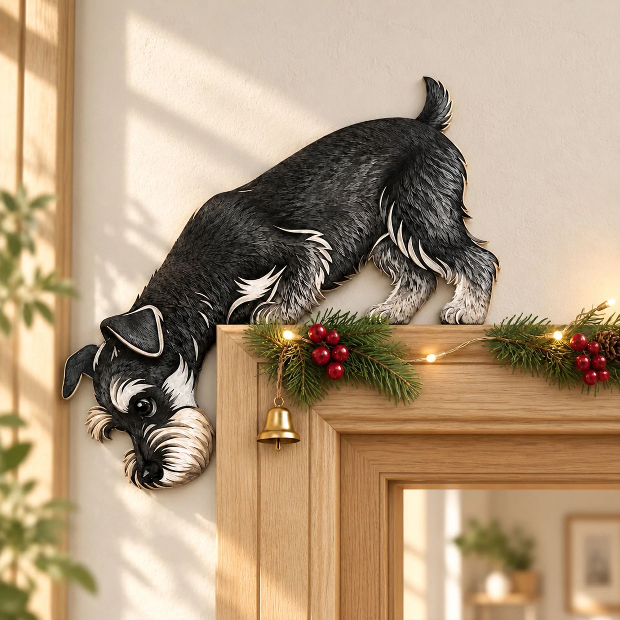 Peeking Wooden Dog Door Topper, Christmas Pet Lover Farmhouse Decor