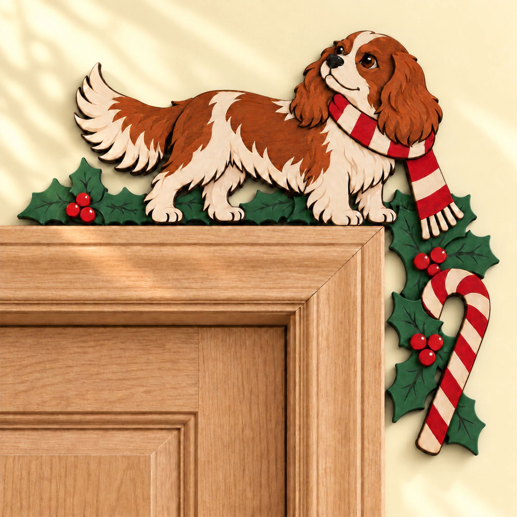 Christmas Cavalier King Charles Spaniel Wooden Door Topper, Layered Dog Corner Decor