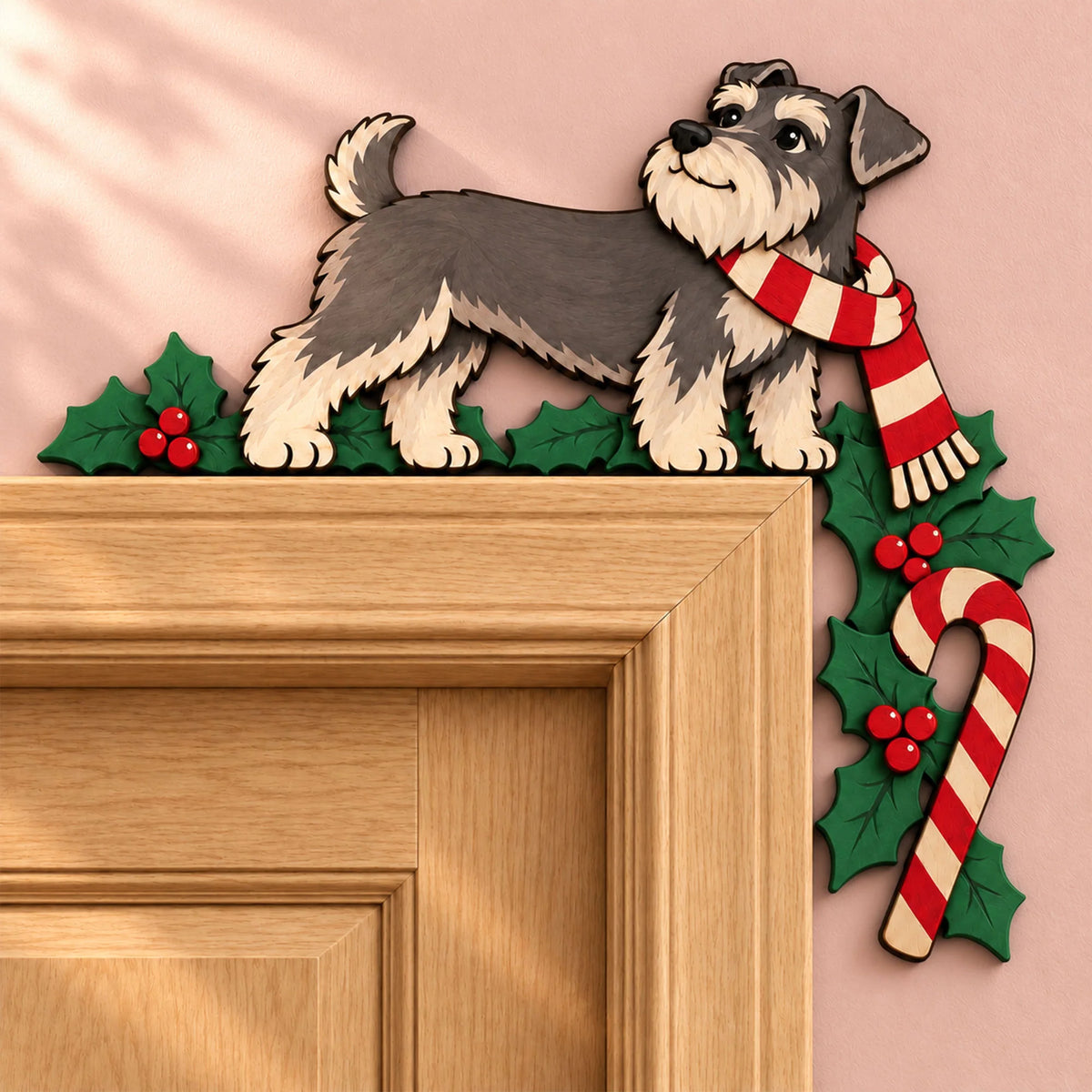 Christmas Miniature Schnauzer Wooden Door Topper, Layered Schnauzer Corner Decor