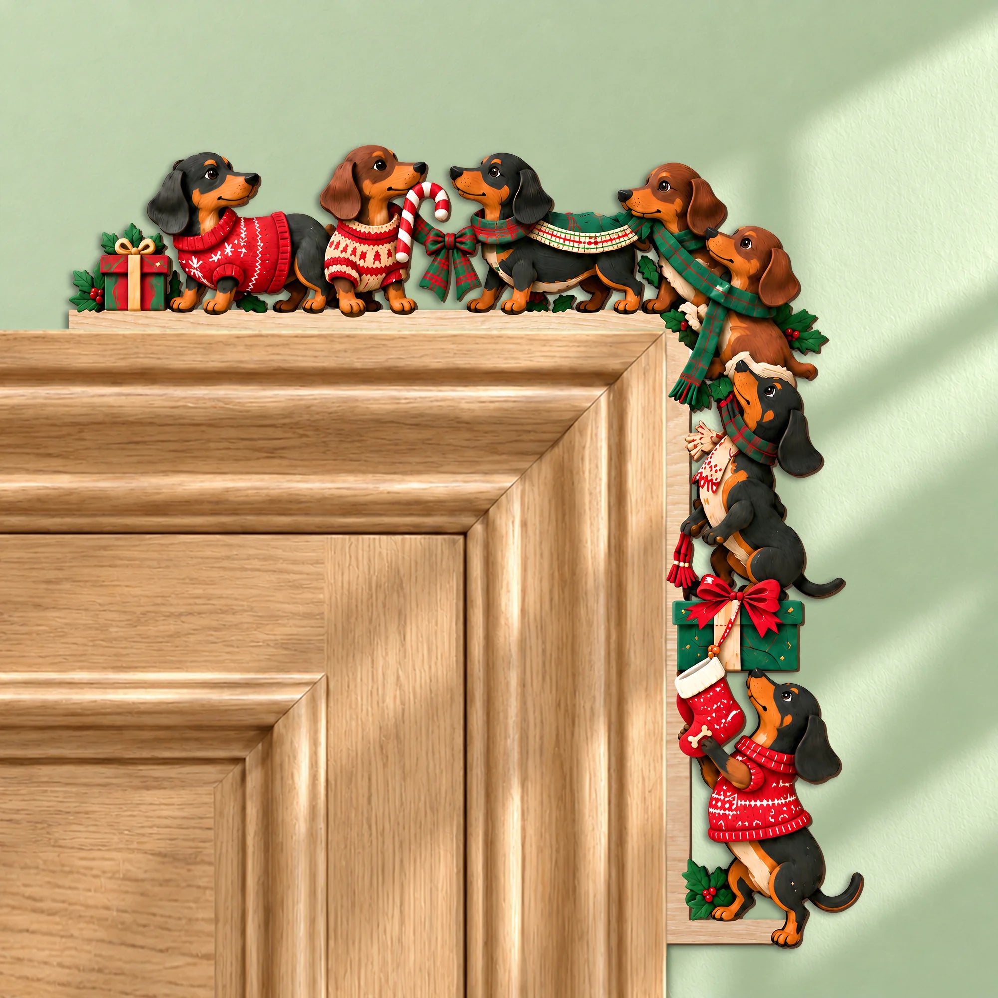 Dachshund Christmas Door Topper, Festive Wiener Dog Door Frame Decor