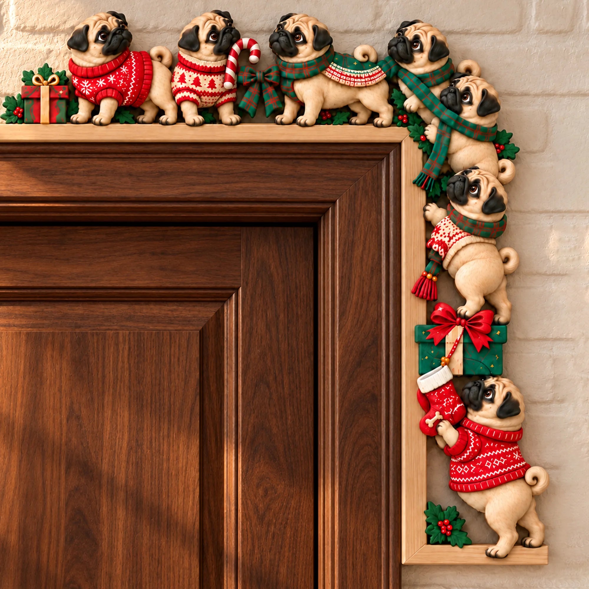 Pug Christmas Door Topper, Festive Pug Dog Door Frame Decor
