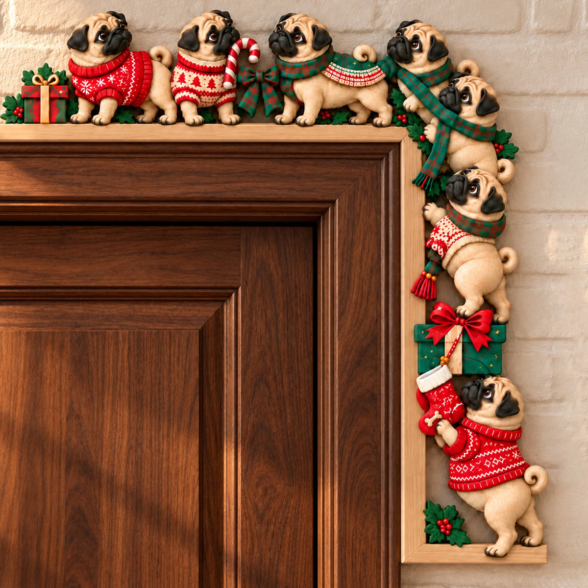 Pug Christmas Door Topper, Festive Pug Dog Door Frame Decor
