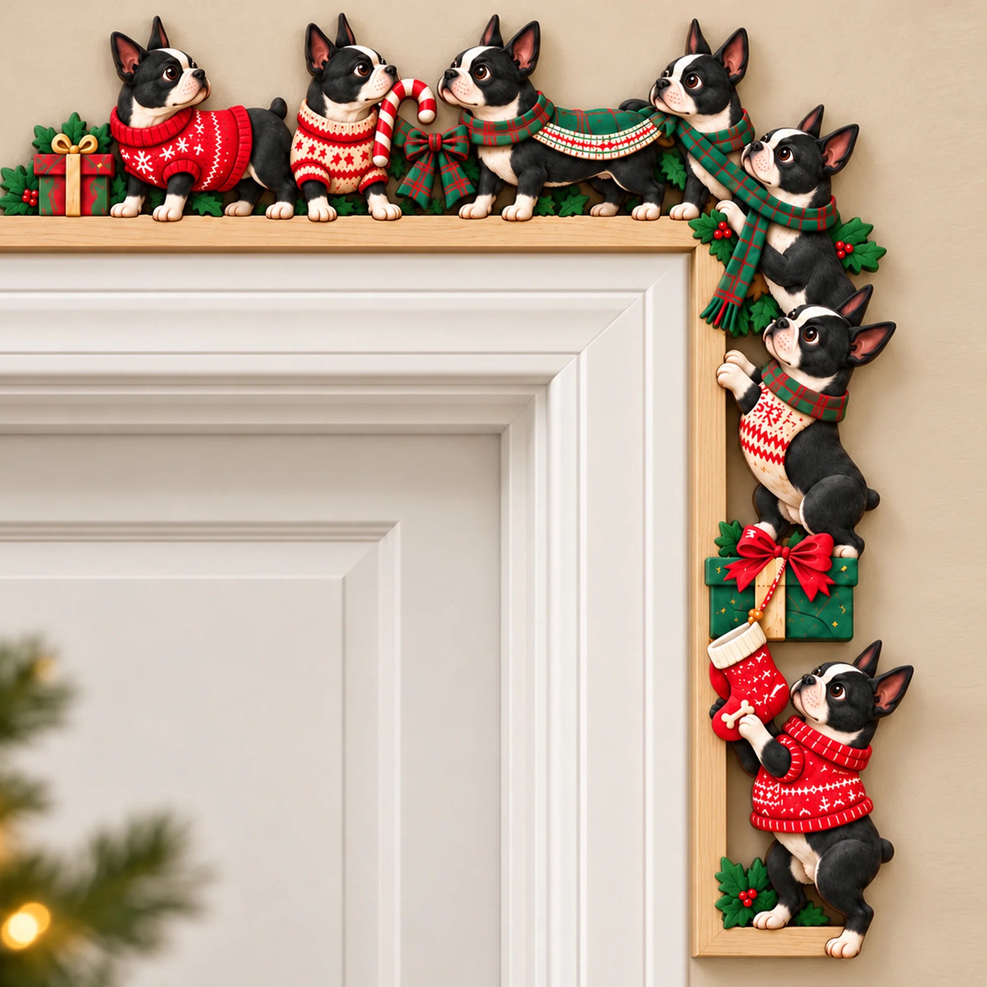 Boston Terrier Christmas Door Topper, Festive Boston Terrier Dog Door Frame Decor