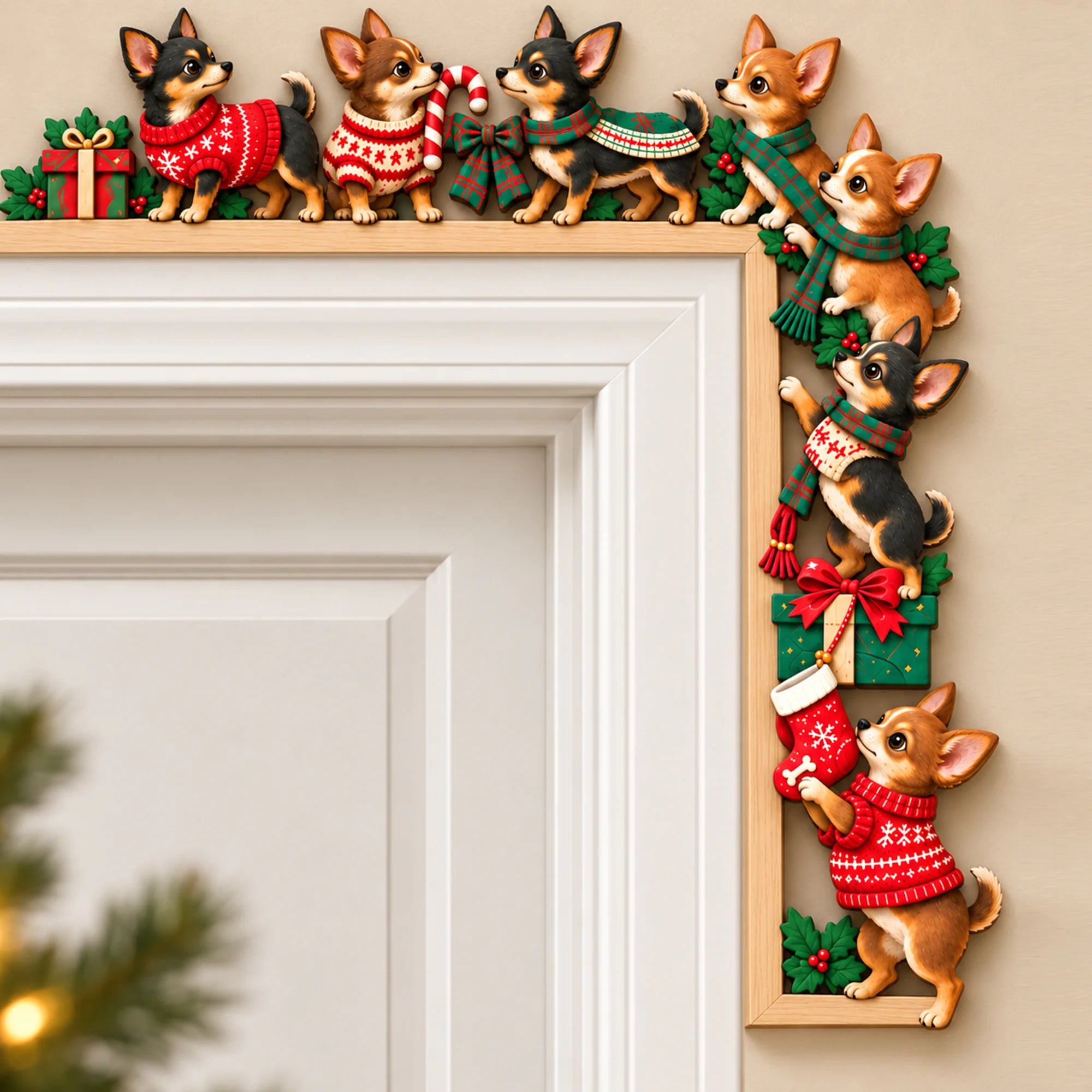 Chihuahua Christmas Door Topper, Festive Chihuahua Dog Door Frame Decor