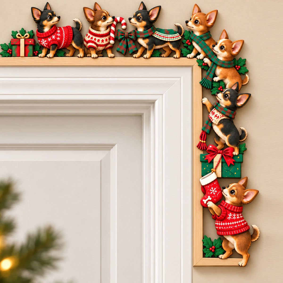 Chihuahua Christmas Door Topper, Festive Chihuahua Dog Door Frame Decor