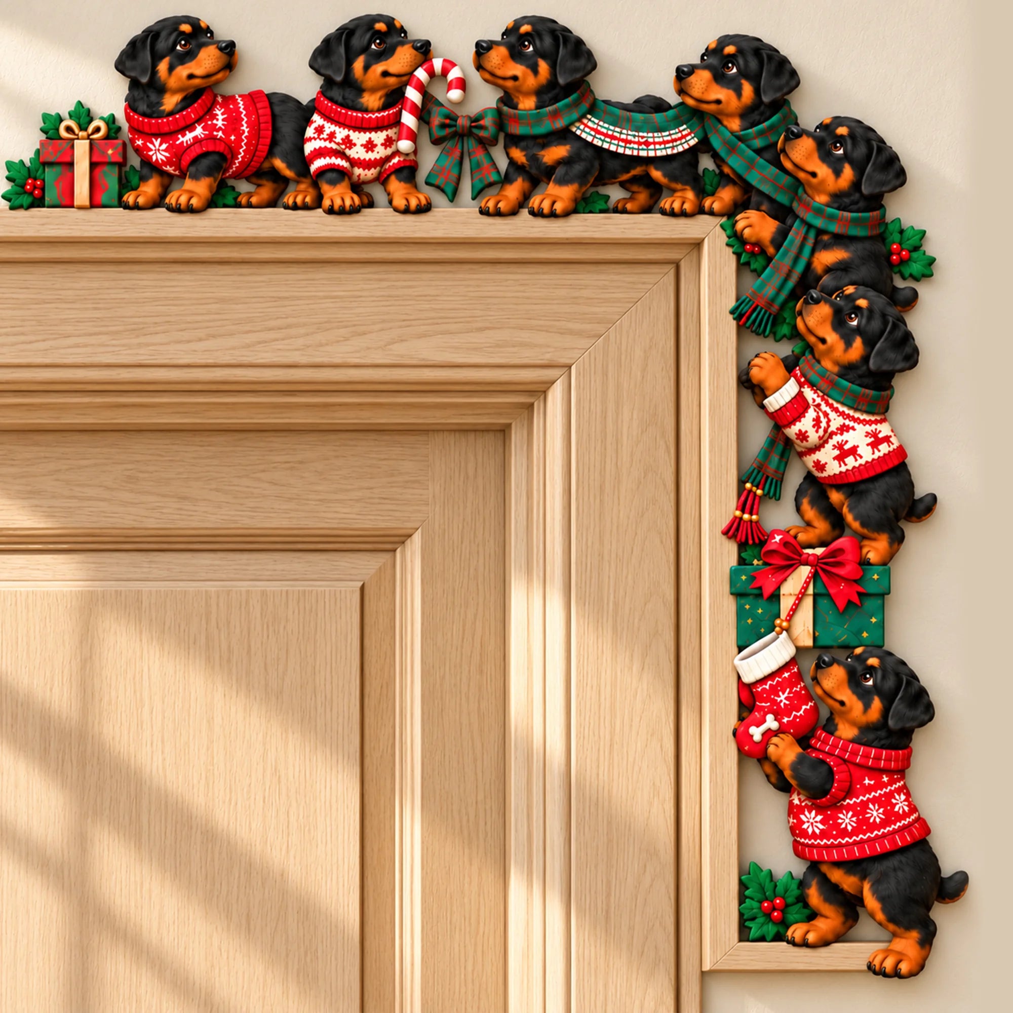 Rottweiler Christmas Door Topper, Festive Rottweiler Dog Door Frame Decor