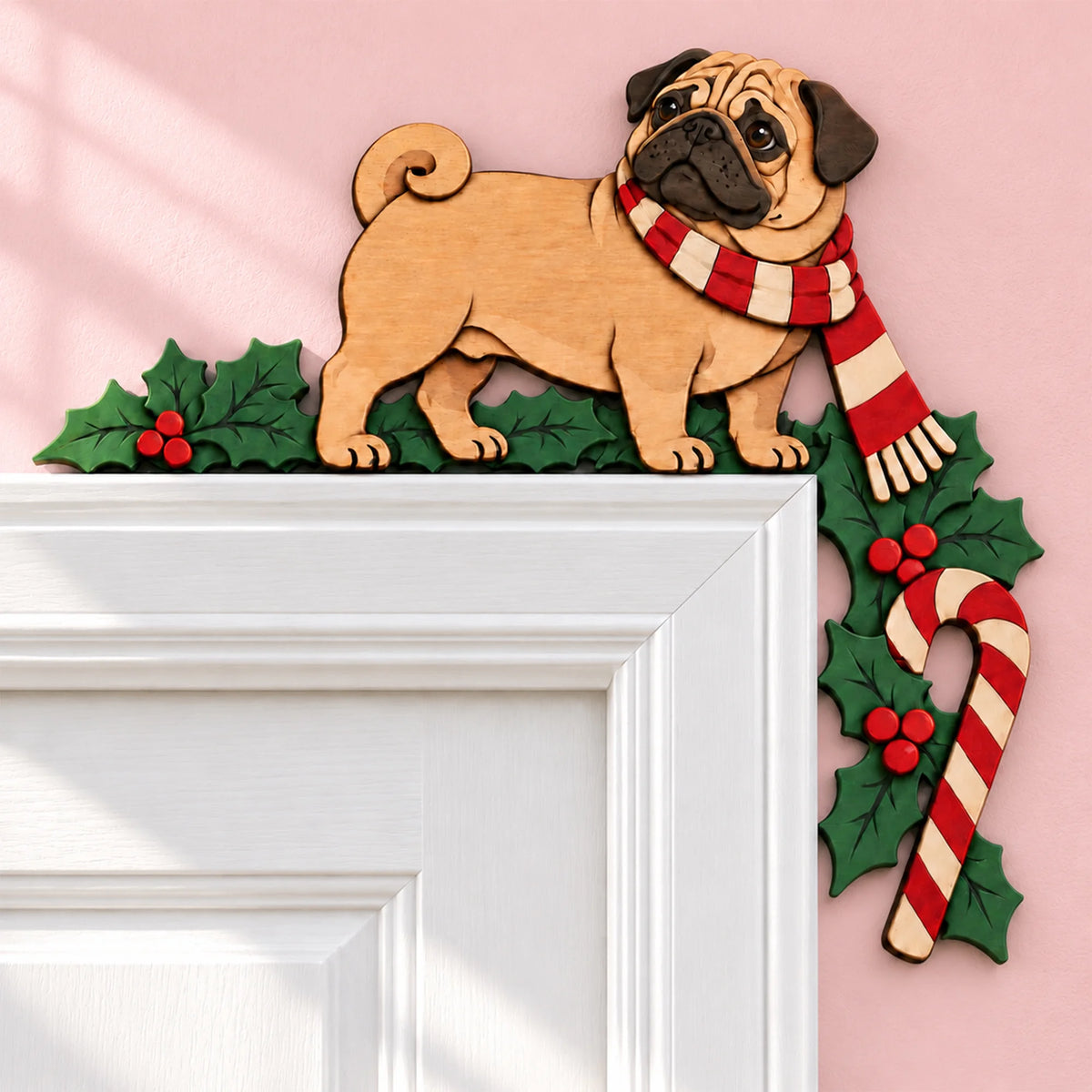 Christmas Pug Wooden Door Topper, Layered Pug Dog Corner Decor