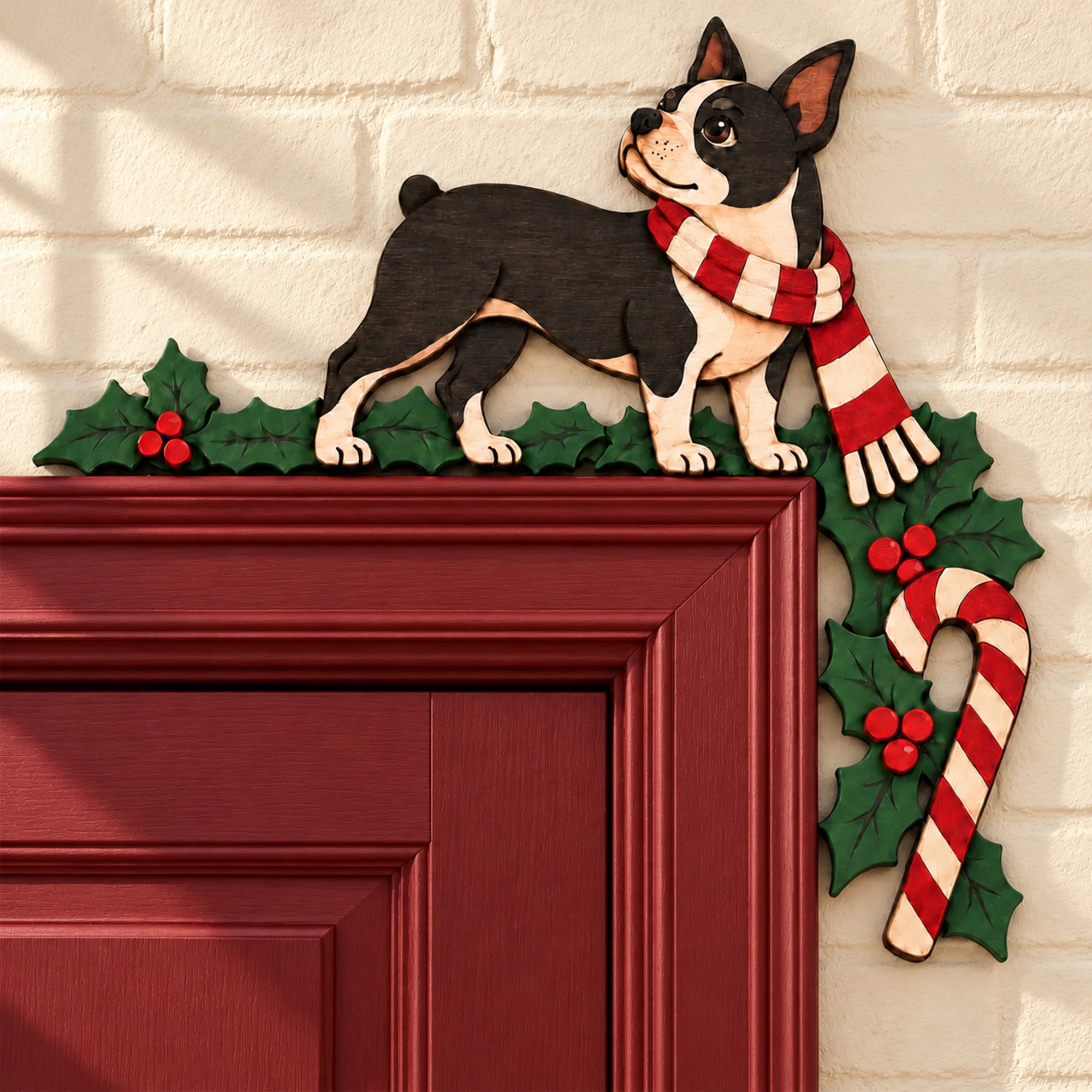Christmas Boston Terrier Wooden Door Topper, Layered Boston Terrier Dog Corner Decor