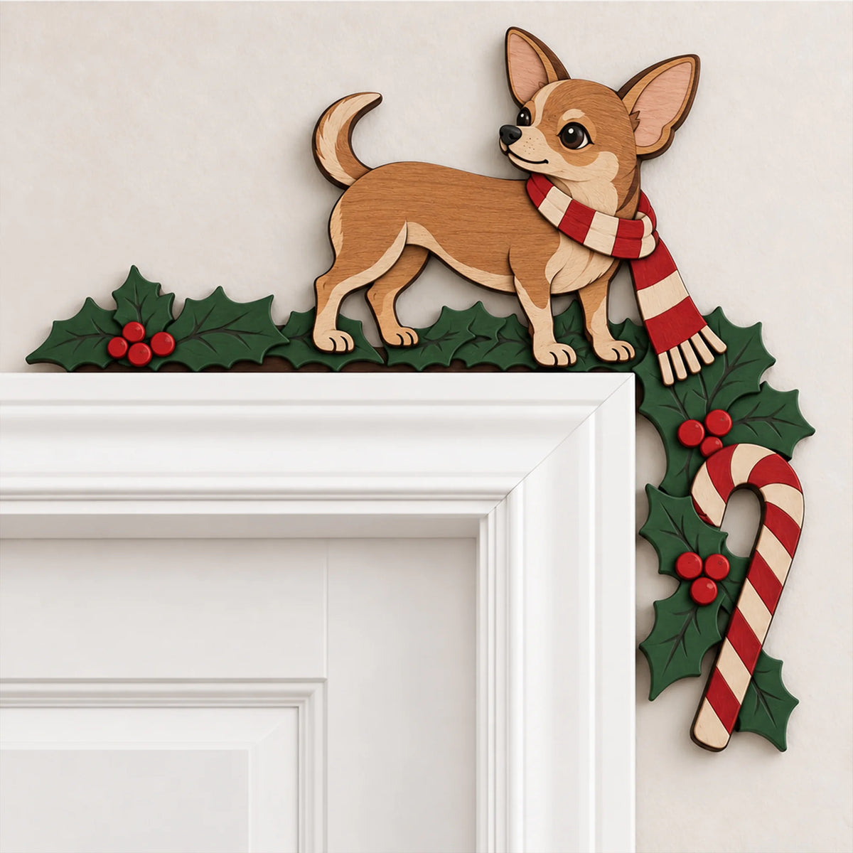 Christmas Chihuahua Wooden Door Topper, Layered Chihuahua Dog Corner Decor